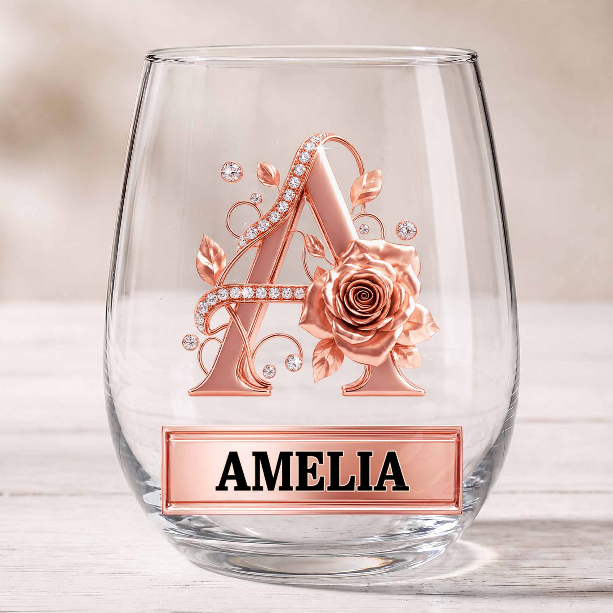 Personalized Stemless Wine Glass with Floral Monogram Gift for Her Wine Glasses GradoCreations