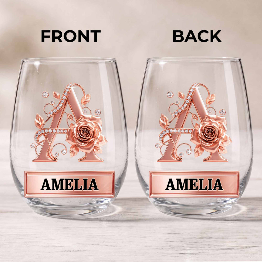 Personalized Stemless Wine Glass with Floral Monogram Gift for Her Wine Glasses GradoCreations