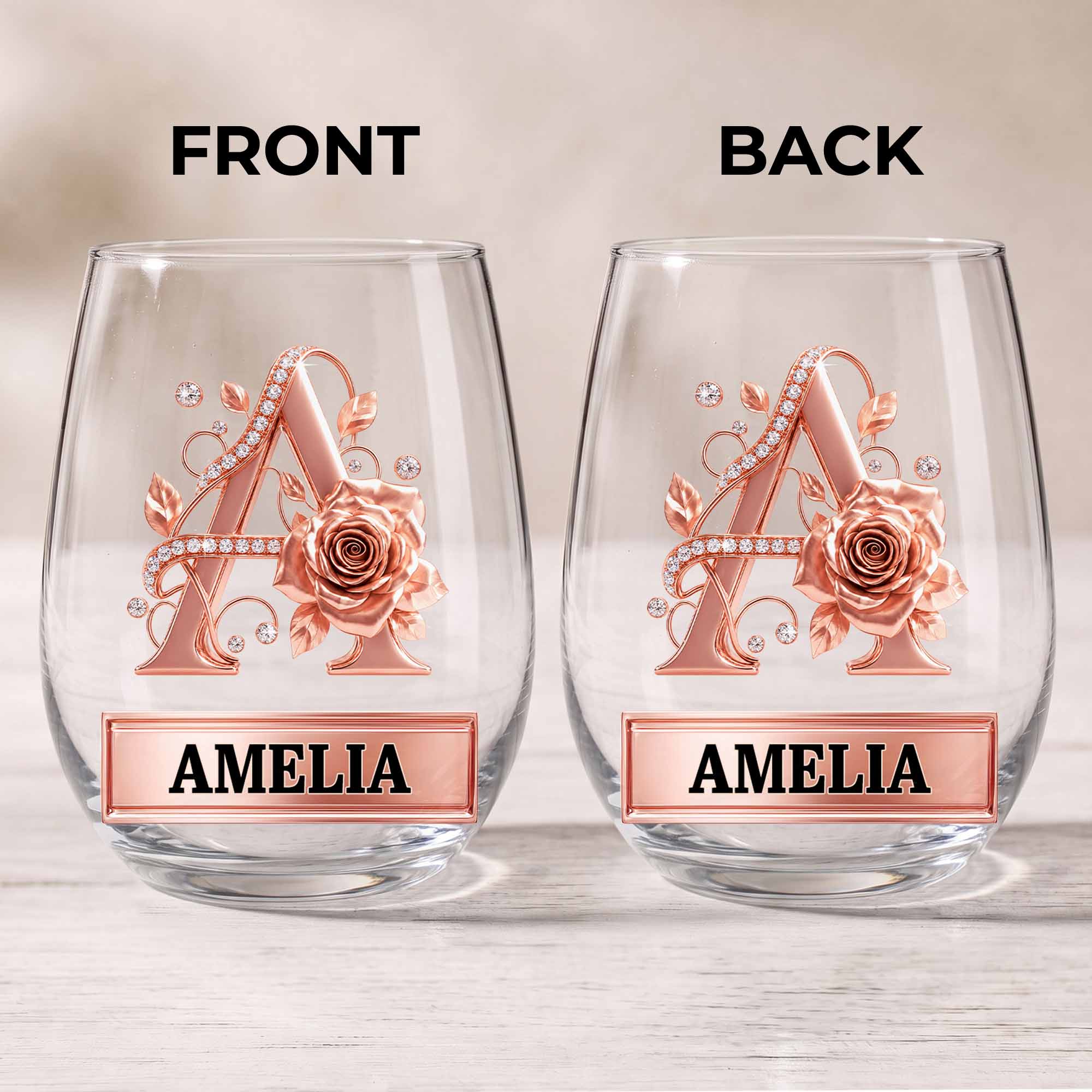 Personalized Stemless Wine Glass with Floral Monogram Gift for Her Wine Glasses GradoCreations