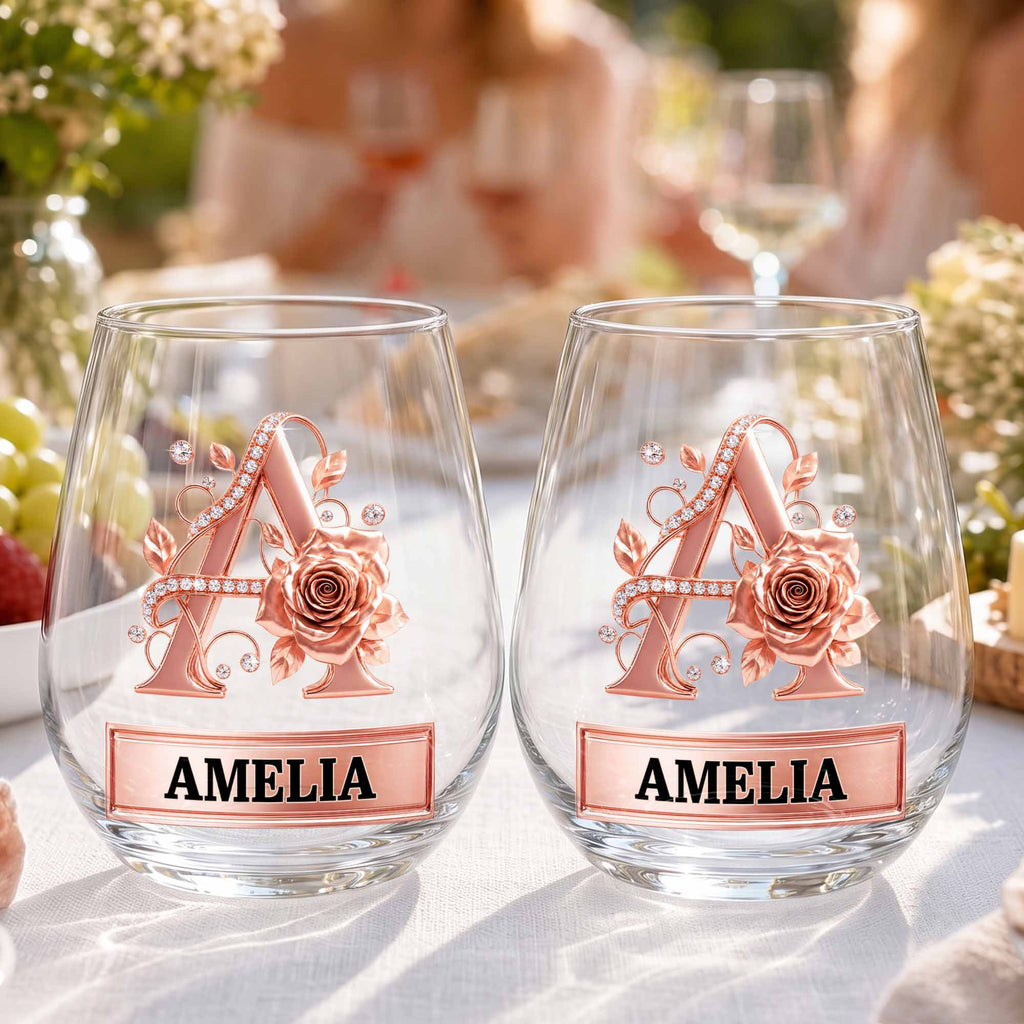 Personalized Stemless Wine Glass with Floral Monogram Gift for Her Wine Glasses GradoCreations