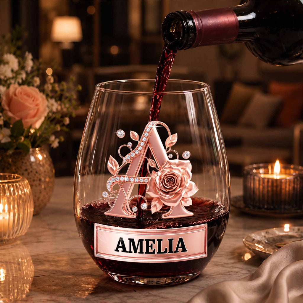 Personalized Stemless Wine Glass with Floral Monogram Gift for Her Wine Glasses GradoCreations