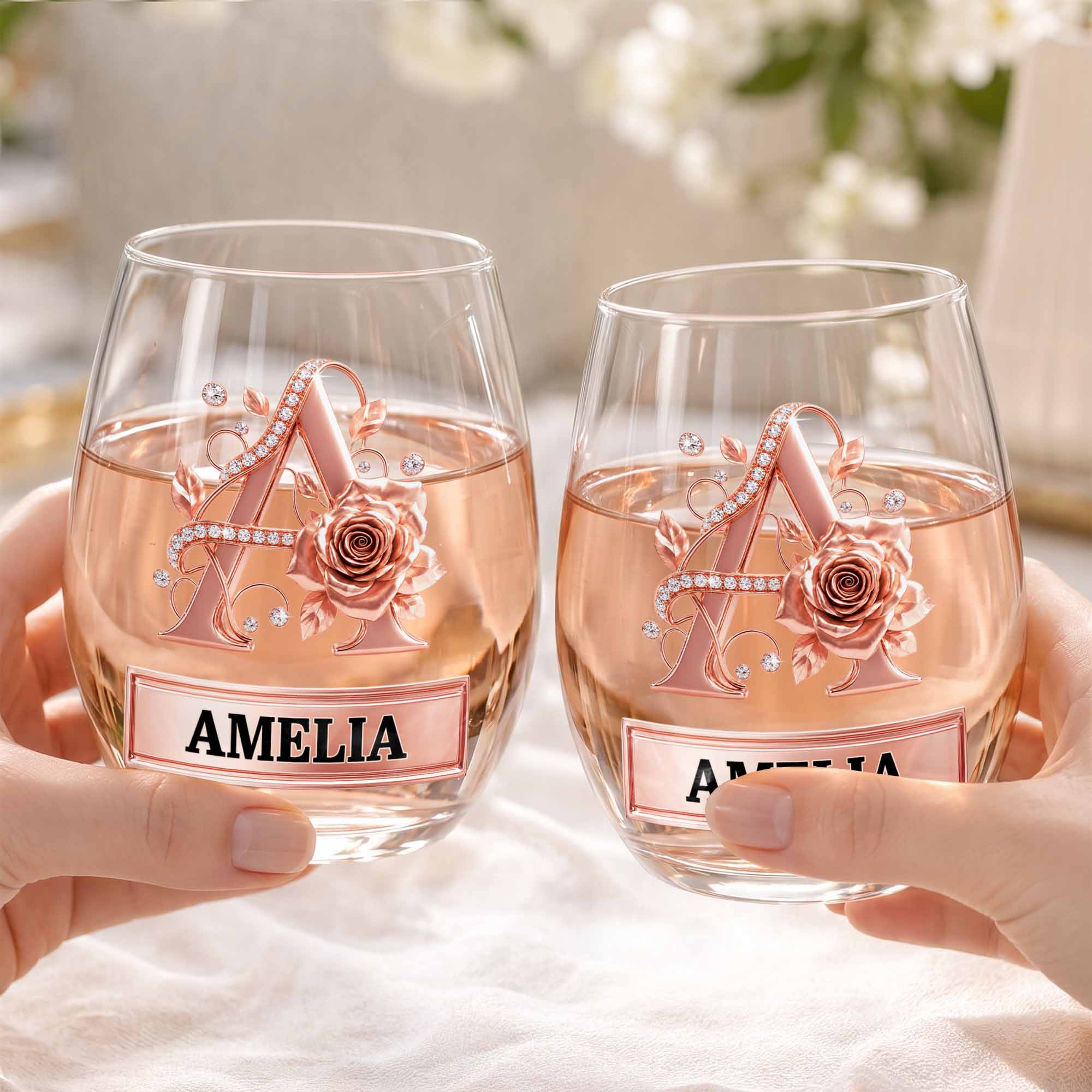 Personalized Stemless Wine Glass with Floral Monogram Gift for Her Wine Glasses GradoCreations