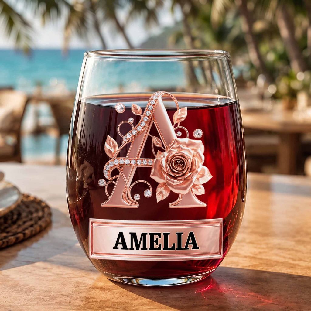 Personalized Stemless Wine Glass with Floral Monogram Gift for Her Wine Glasses GradoCreations