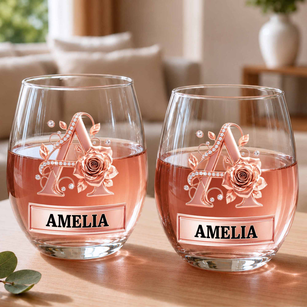 Personalized Stemless Wine Glass with Floral Monogram Gift for Her Wine Glasses GradoCreations