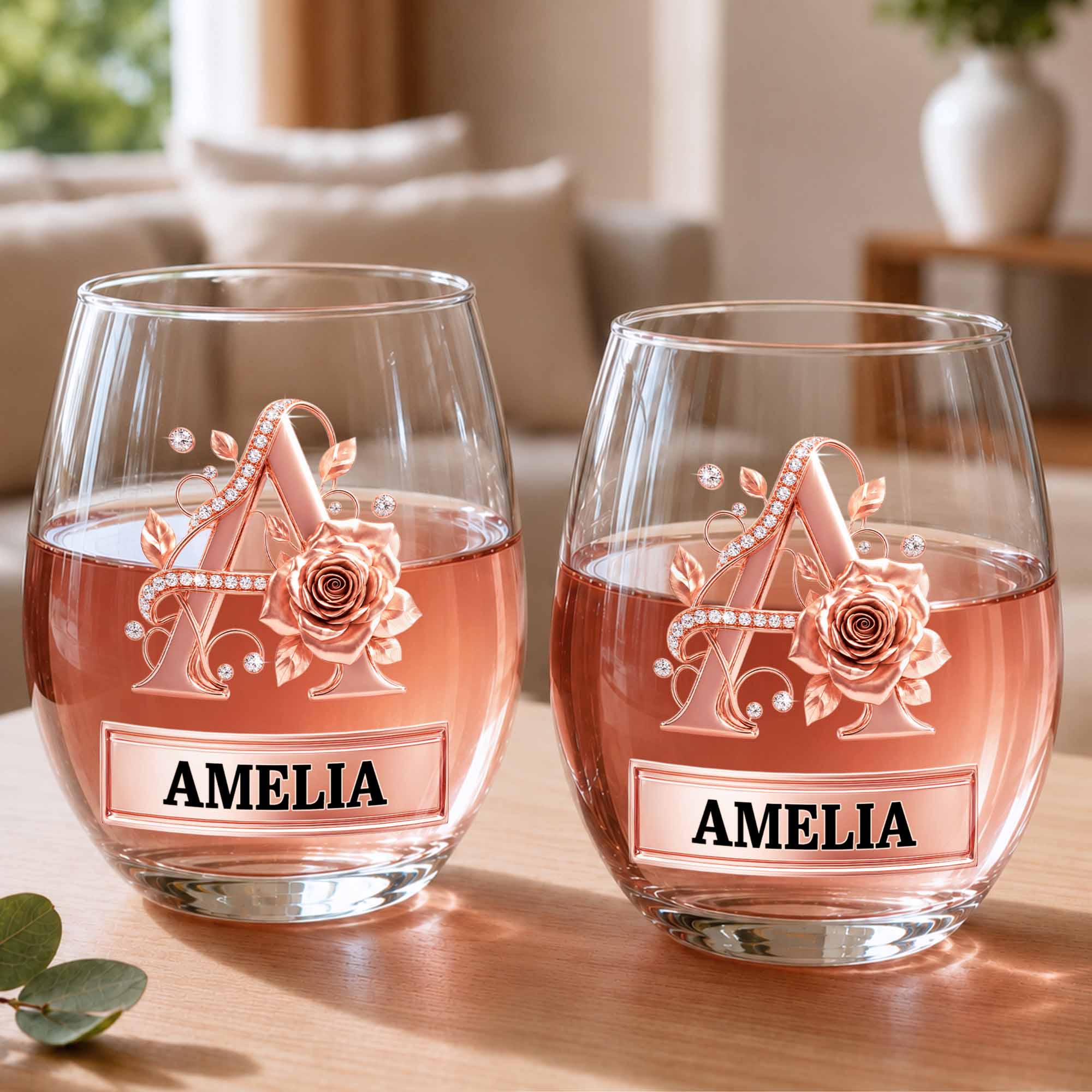 Personalized Stemless Wine Glass with Floral Monogram Gift for Her Wine Glasses GradoCreations