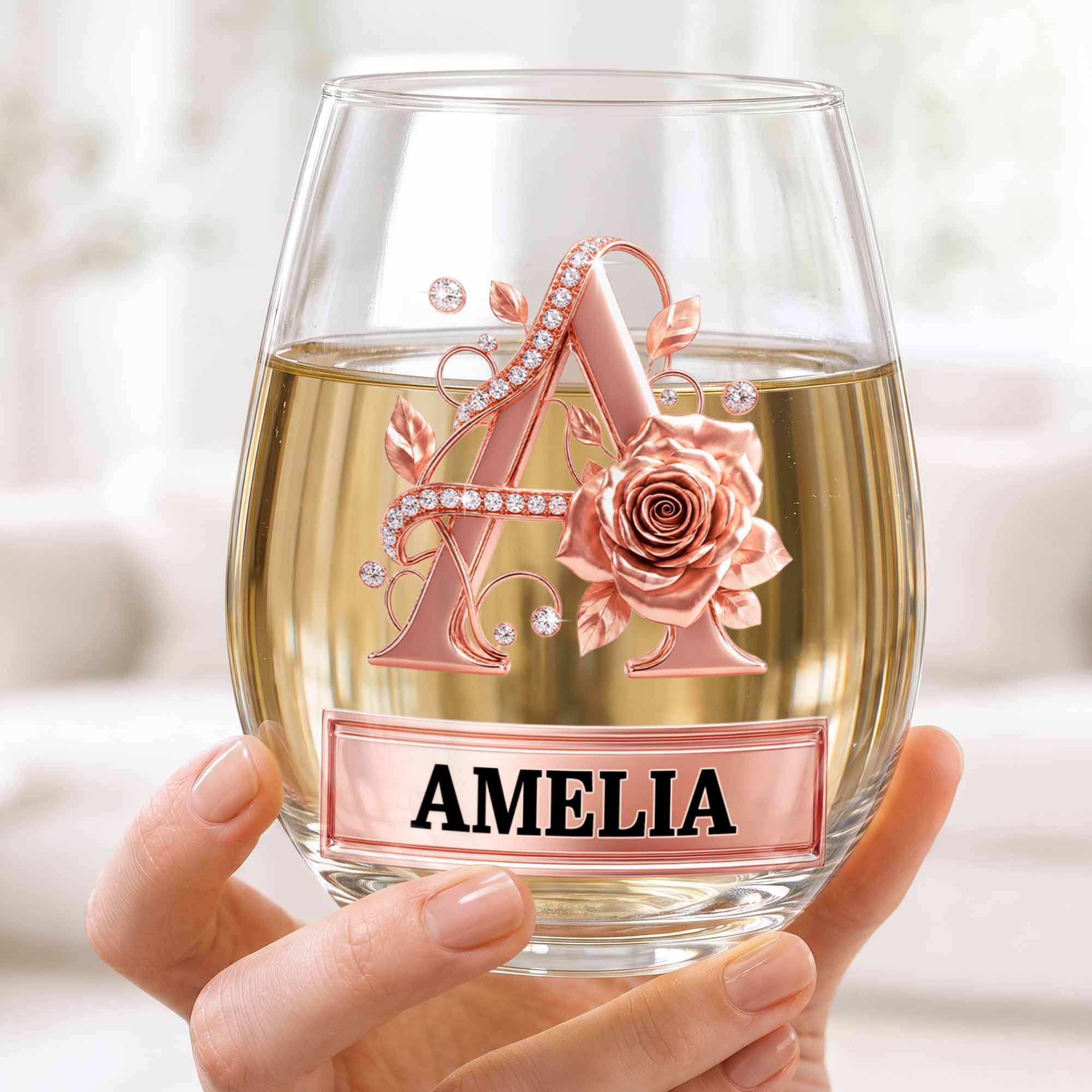 Personalized Stemless Wine Glass with Floral Monogram Gift for Her Wine Glasses GradoCreations