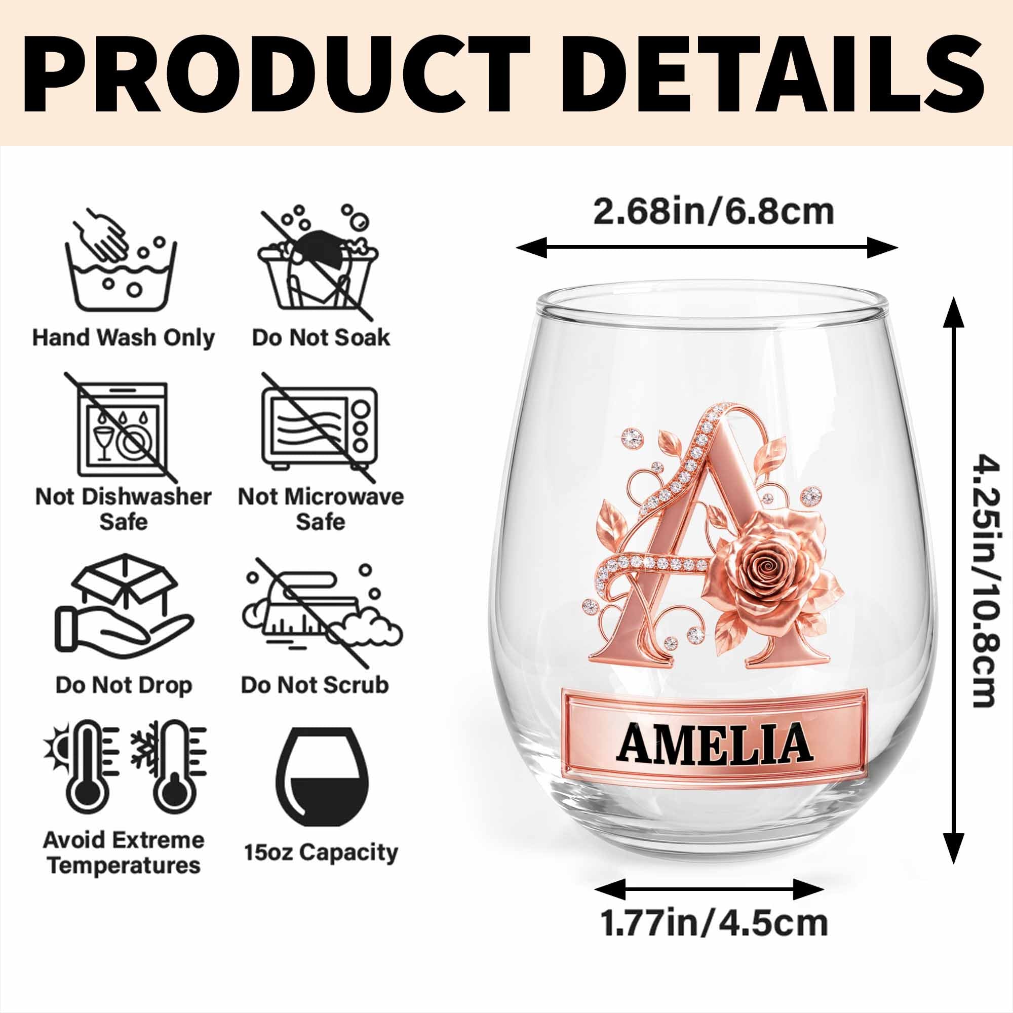 Personalized Stemless Wine Glass with Floral Monogram Gift for Her Wine Glasses GradoCreations