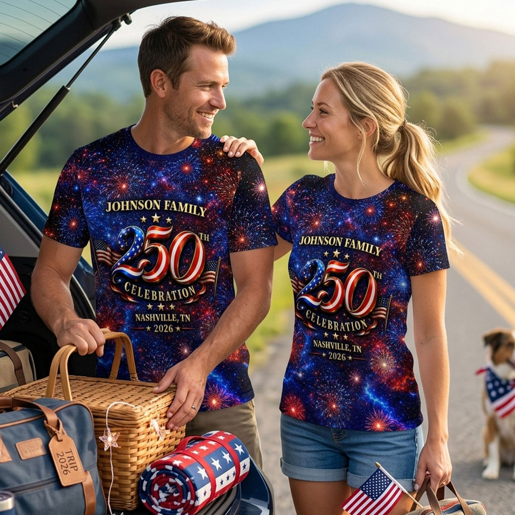 Personalized 250th Celebration AOP T-Shirt for Family | Patriotic Gift