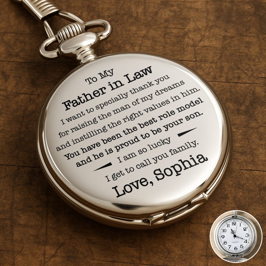 Personalized Silver-Plated Pocket Watch Custom Engraved Gift for Father-in-Law