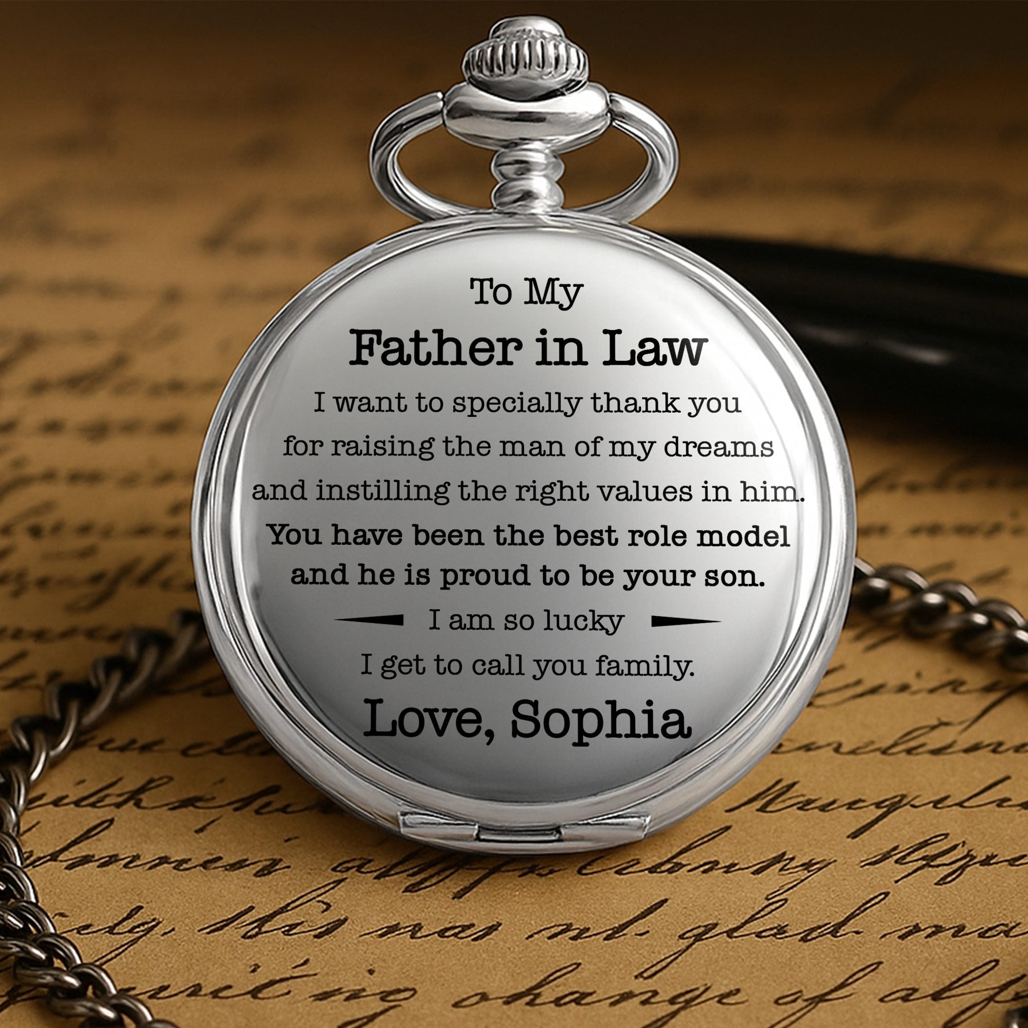 Personalized Silver-Plated Pocket Watch Custom Engraved Gift for Father-in-Law