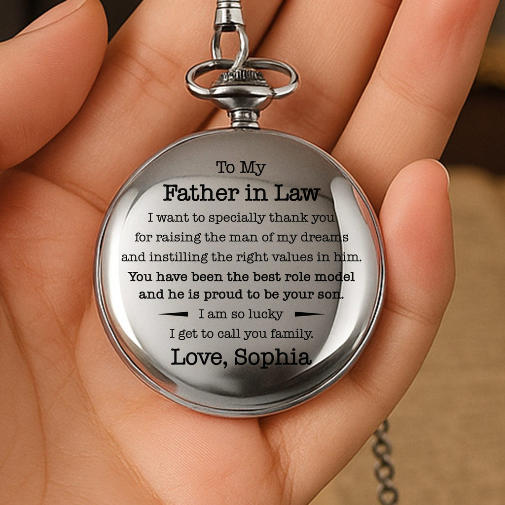 Personalized Silver-Plated Pocket Watch Custom Engraved Gift for Father-in-Law