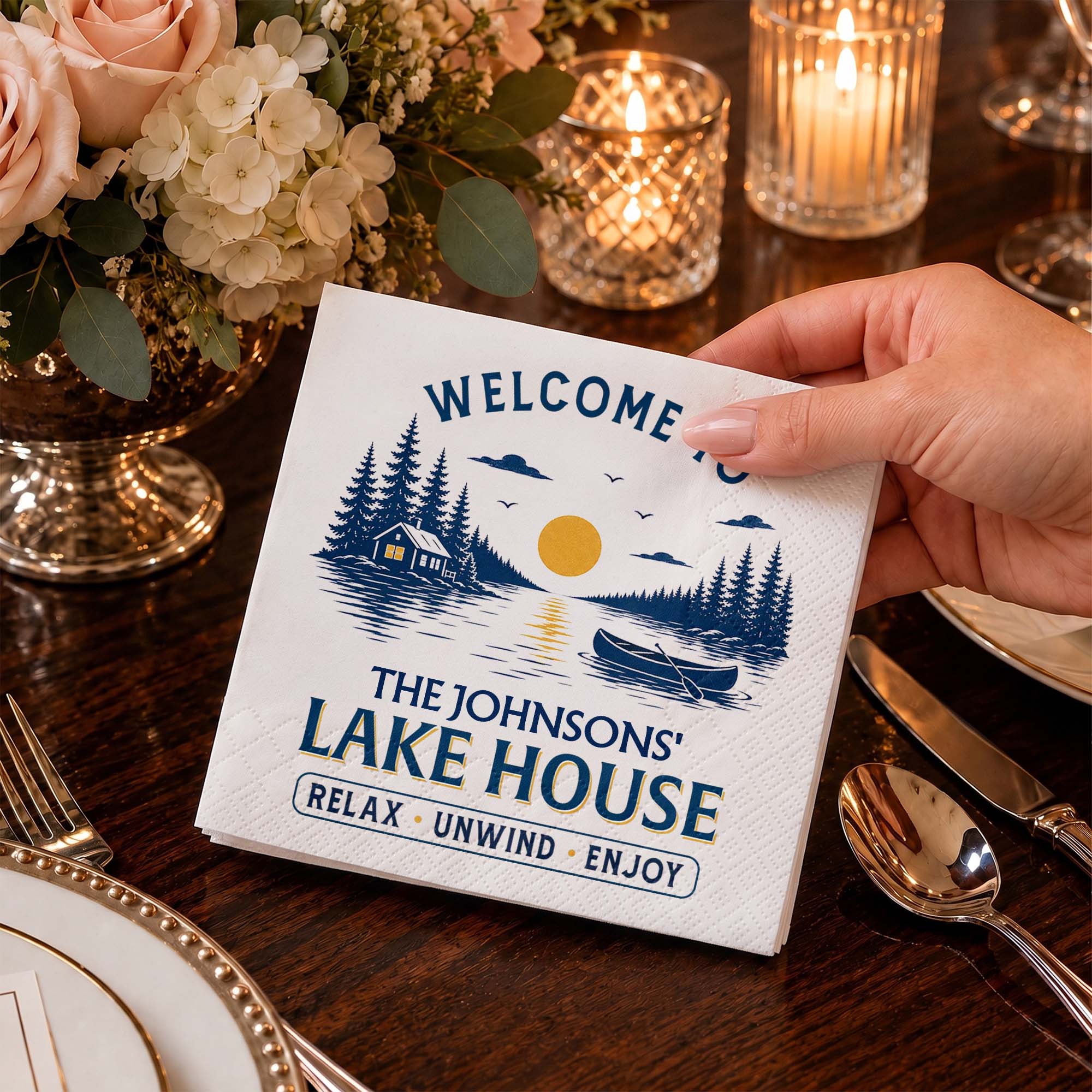 Personalized Cocktail Napkins Custom Family Name Lake House Cocktail Napkins GradoCreations