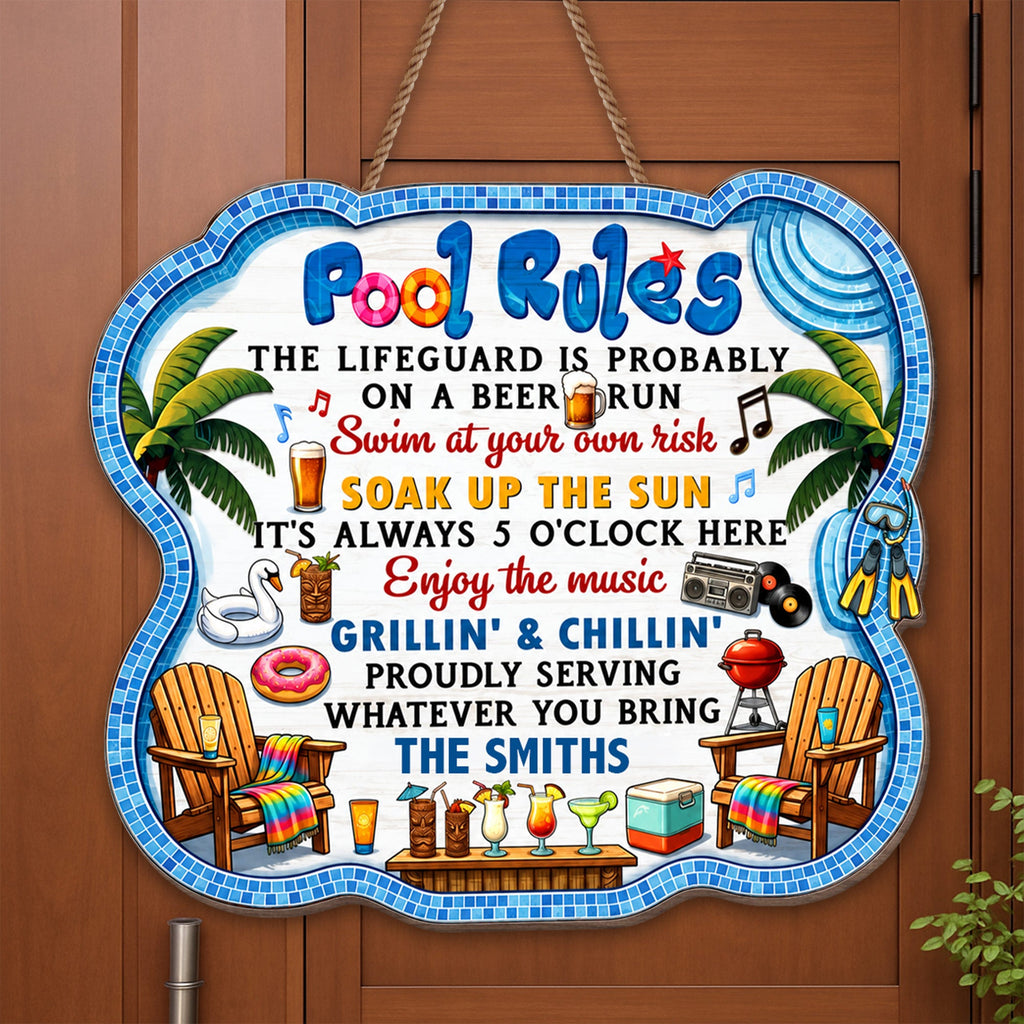 Personalized Pool Rules Wood Sign Custom Name Gift for Family