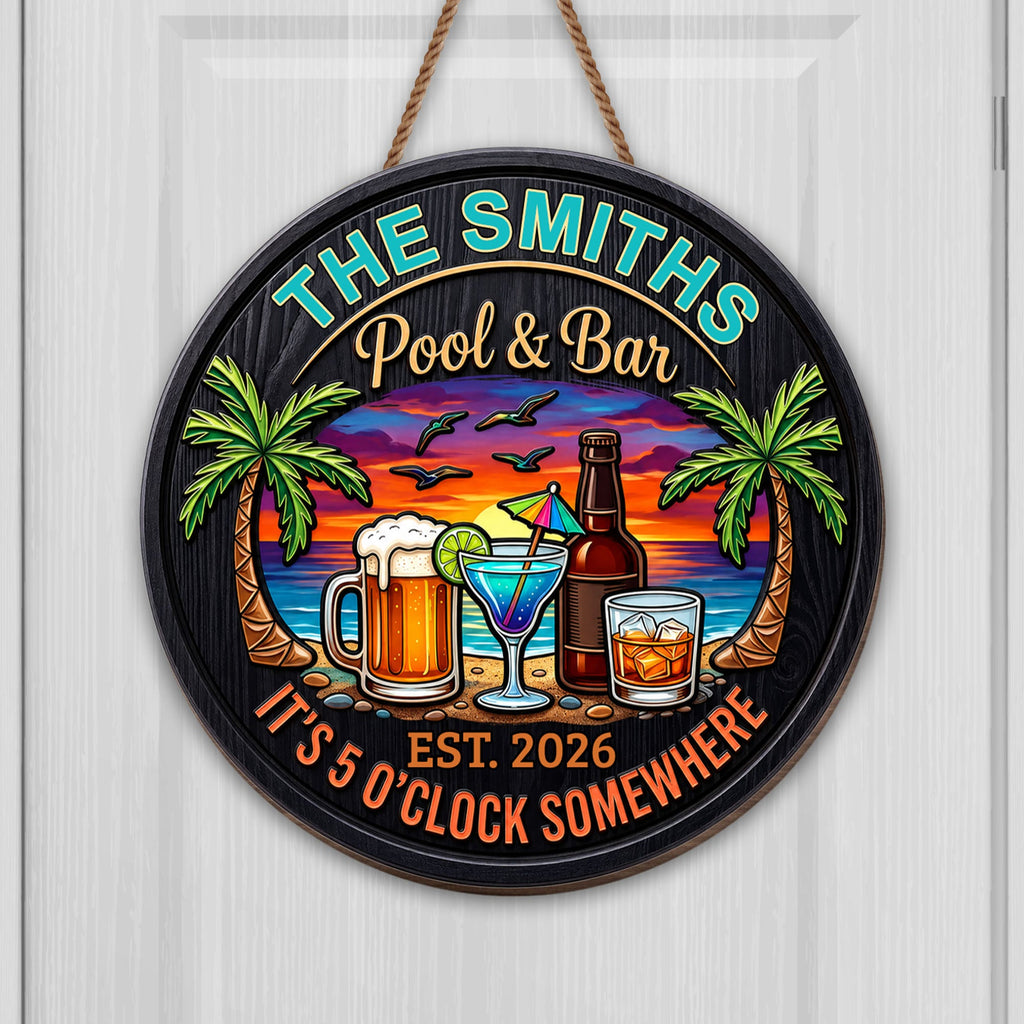 Personalized Wood Sign It's 5 O'clock Somewhere Custom Family Gift