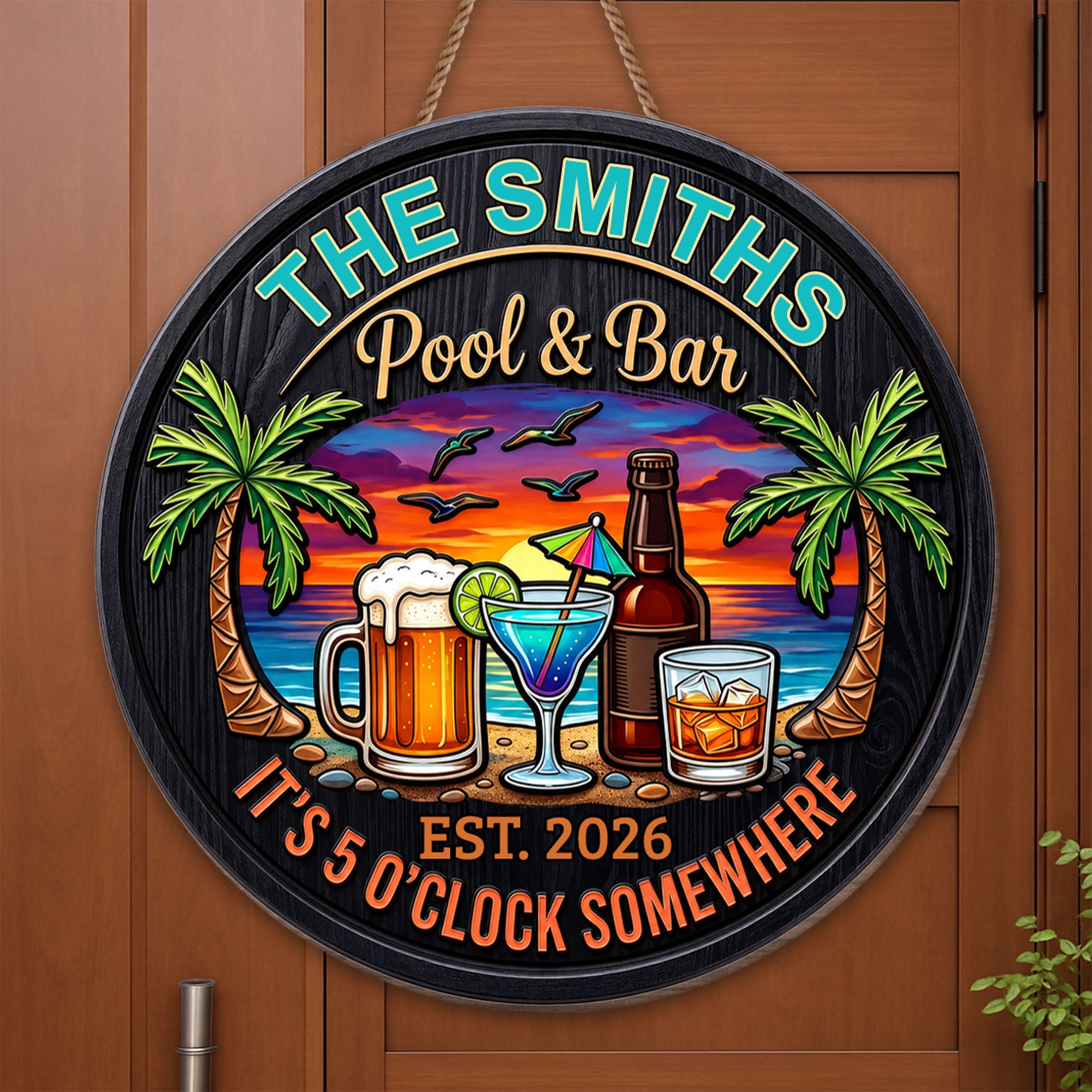 Personalized Wood Sign It's 5 O'clock Somewhere Custom Family Gift