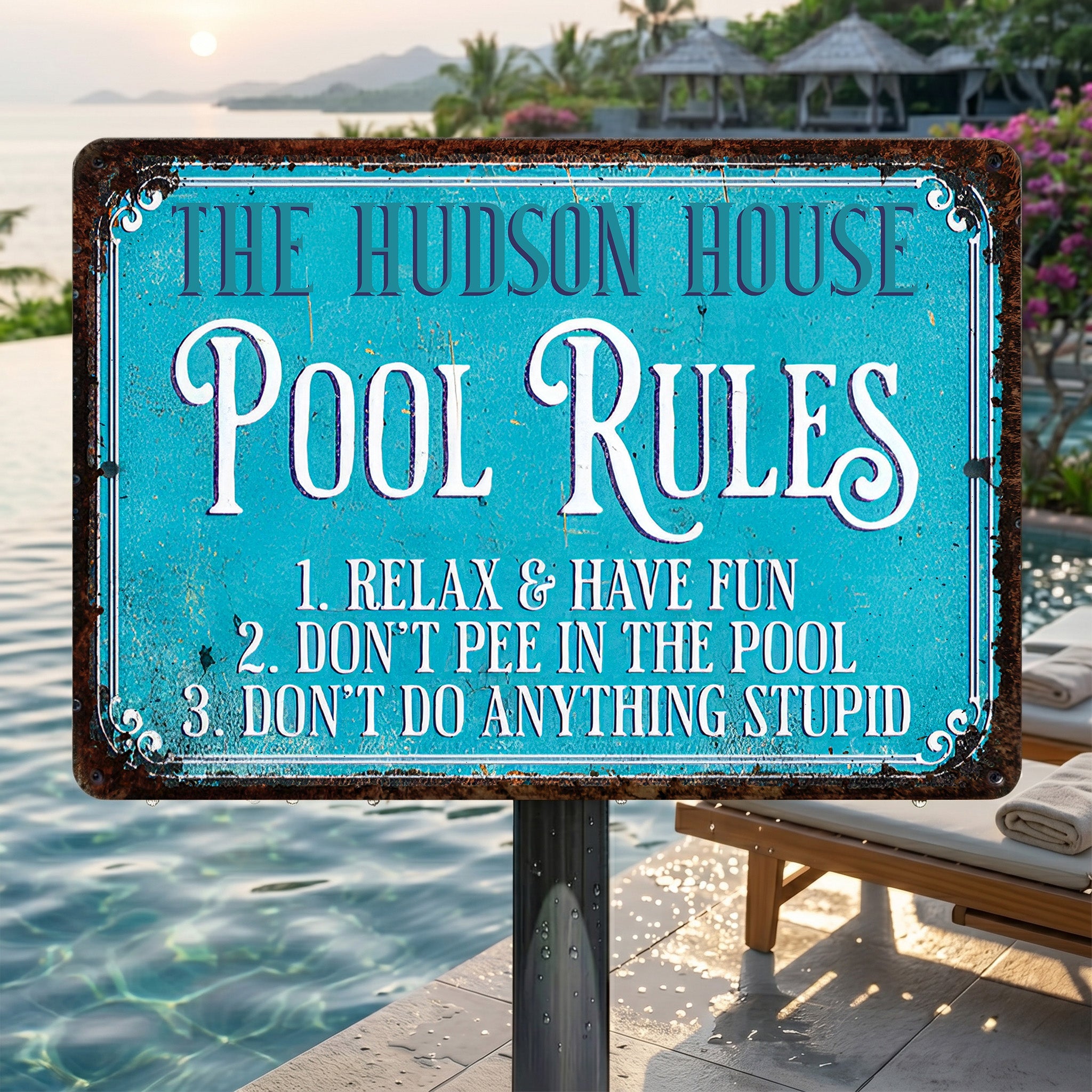 Personalized Metal Pool Rules Sign Custom Family Name Gift Metal Sign GradoCreations
