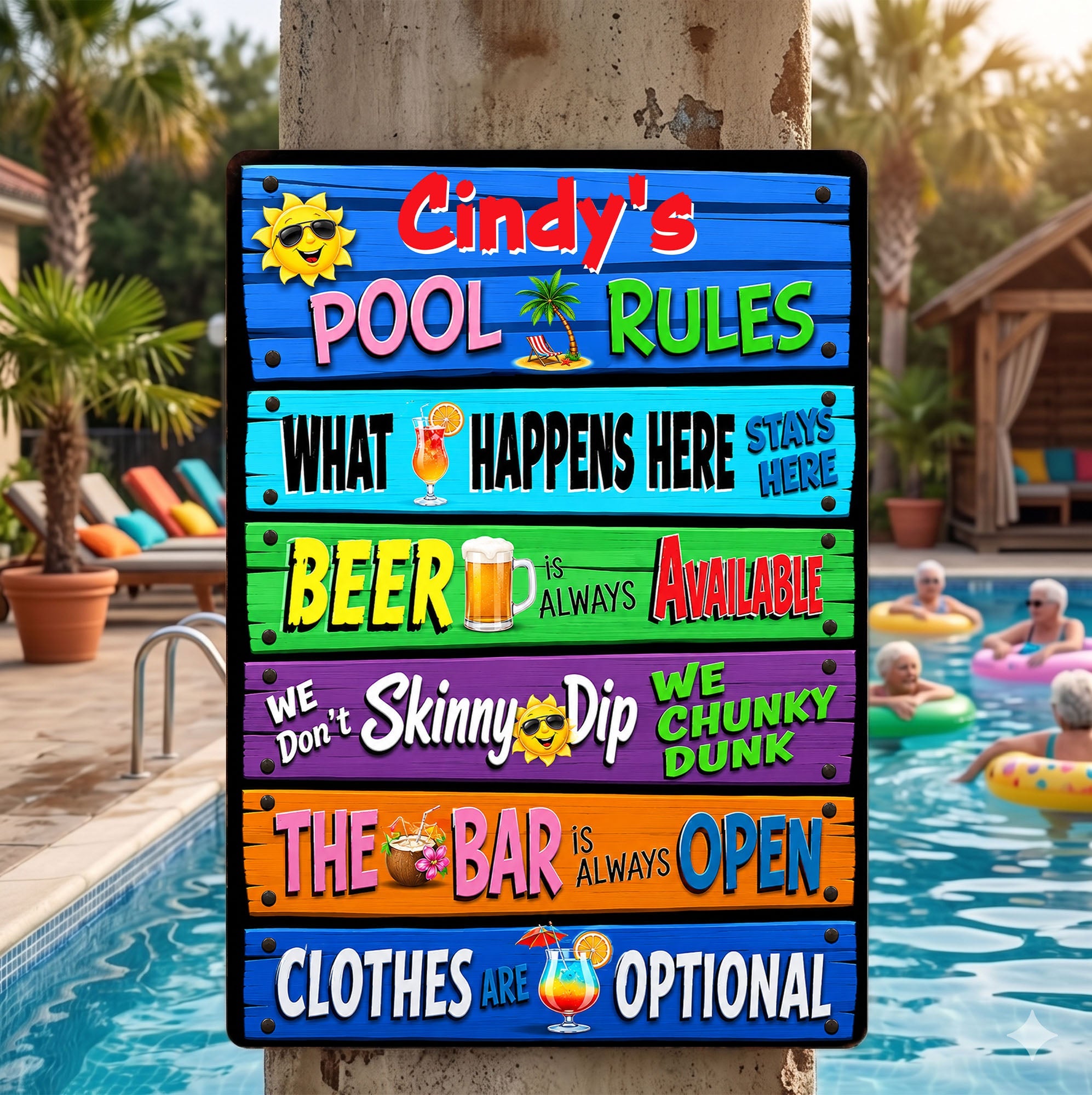 Personalized Metal Sign Pool Rules Custom Name Gift for Home Metal Sign GradoCreations