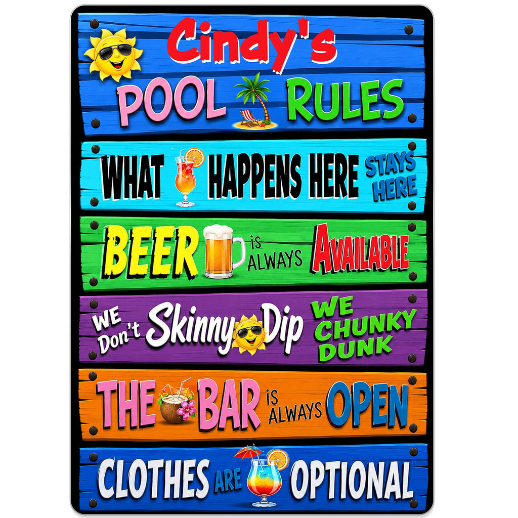 Personalized Metal Sign Pool Rules Custom Name Gift for Home Metal Sign GradoCreations