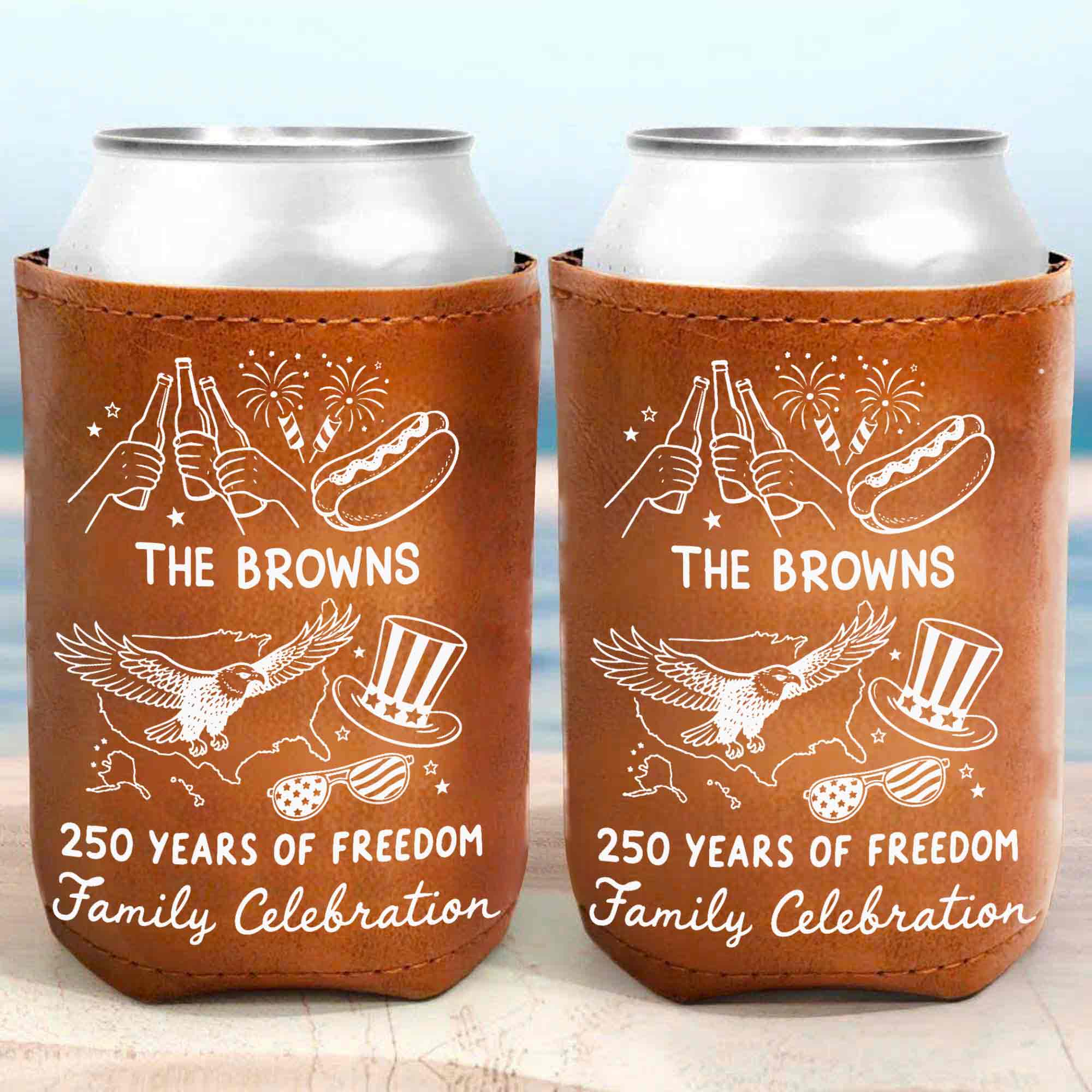 Personalized Leather Can Cooler Custom Family Name Eagle 4th of July Gift Leather Can Cooler GradoCreations
