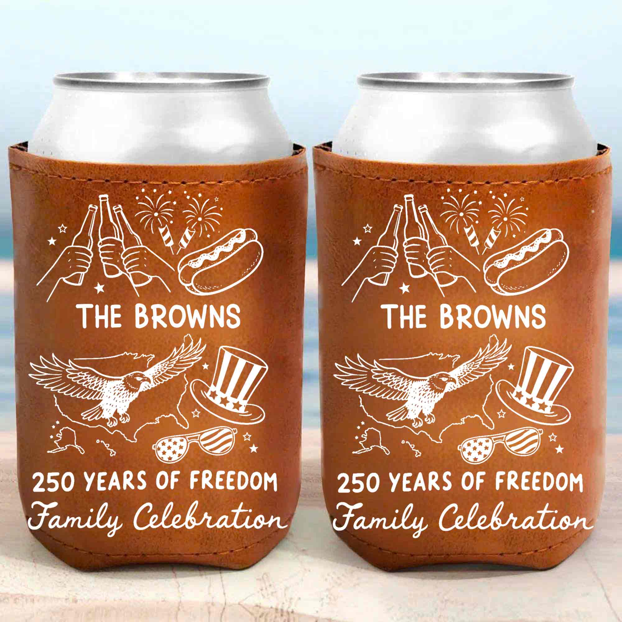 Personalized Leather Can Cooler Custom Family Name Eagle 4th of July Gift Leather Can Cooler GradoCreations