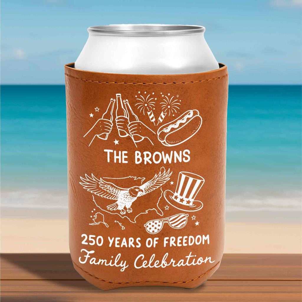 Personalized Leather Can Cooler Custom Family Name Eagle 4th of July Gift Leather Can Cooler GradoCreations