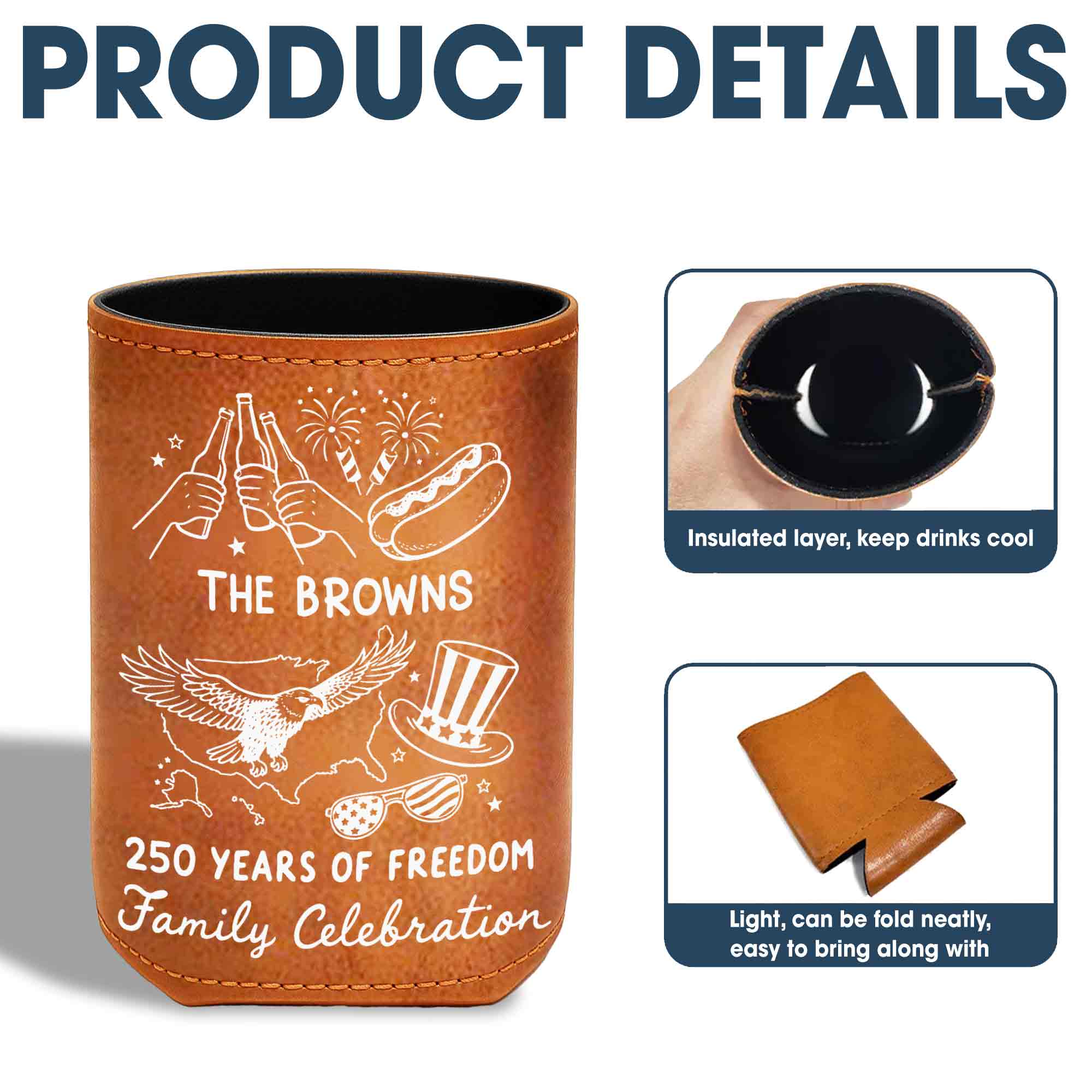 Personalized Leather Can Cooler Custom Family Name Eagle 4th of July Gift Leather Can Cooler GradoCreations