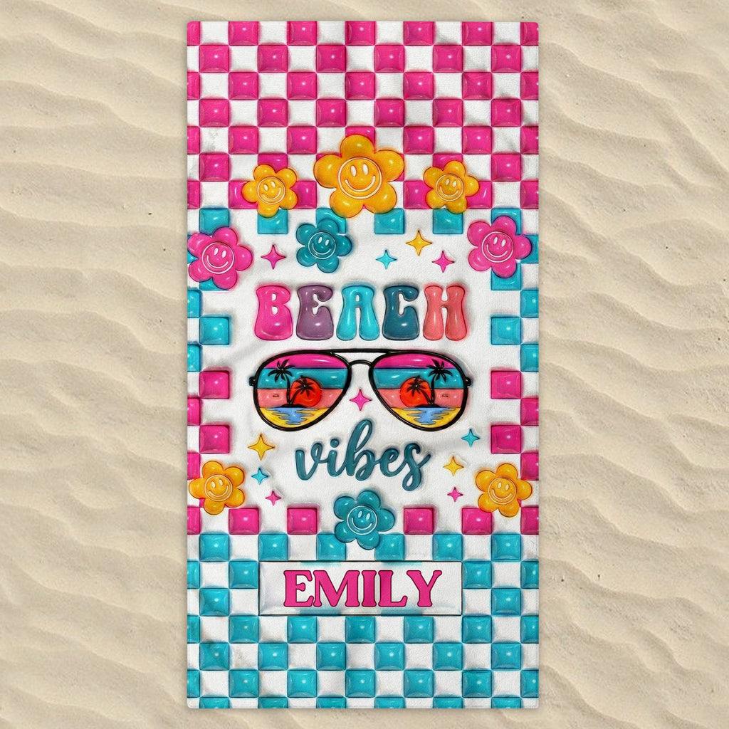Personalized Beach Towel Custom Name Checkered Design Gift