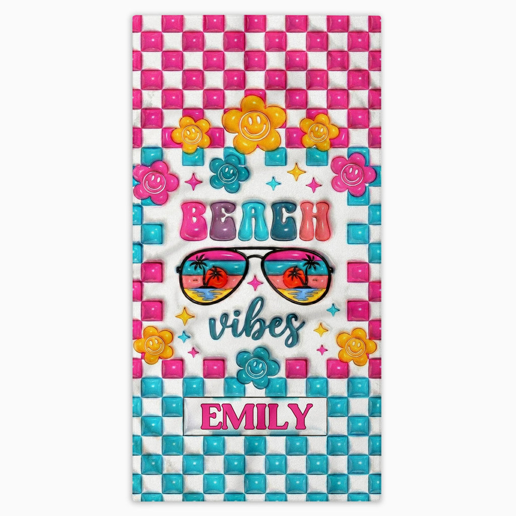 Personalized Beach Towel Custom Name Checkered Design Gift