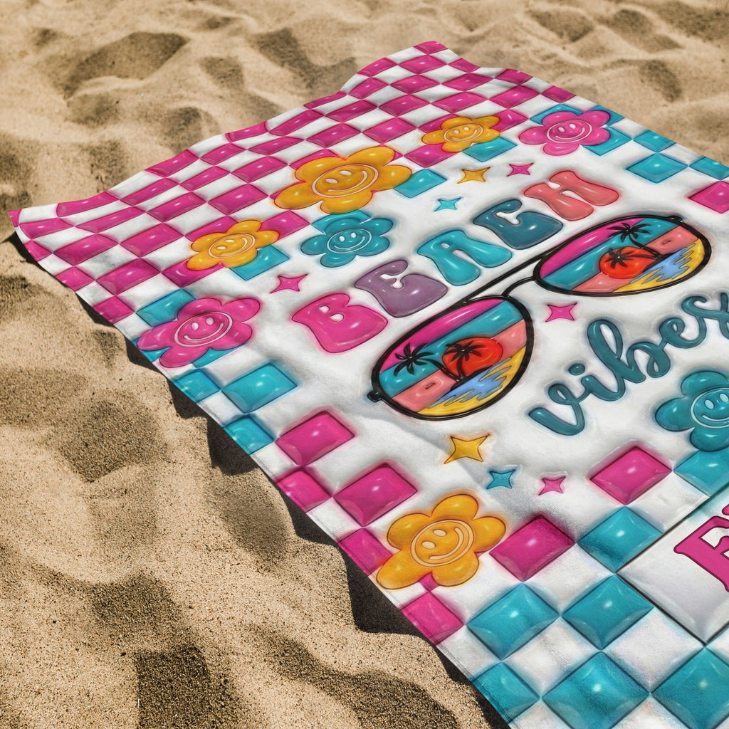 Personalized Beach Towel Custom Name Checkered Design Gift