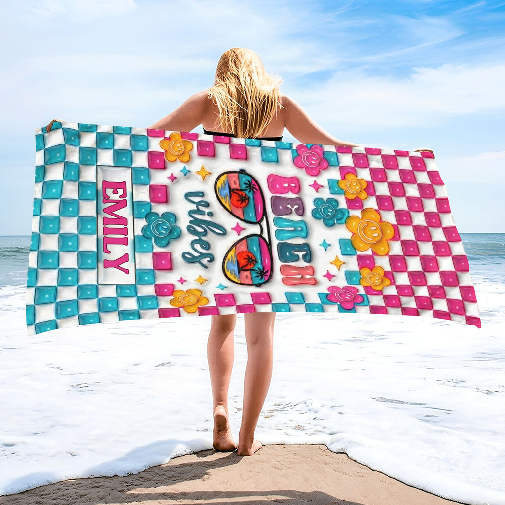 Personalized Beach Towel Custom Name Checkered Design Gift