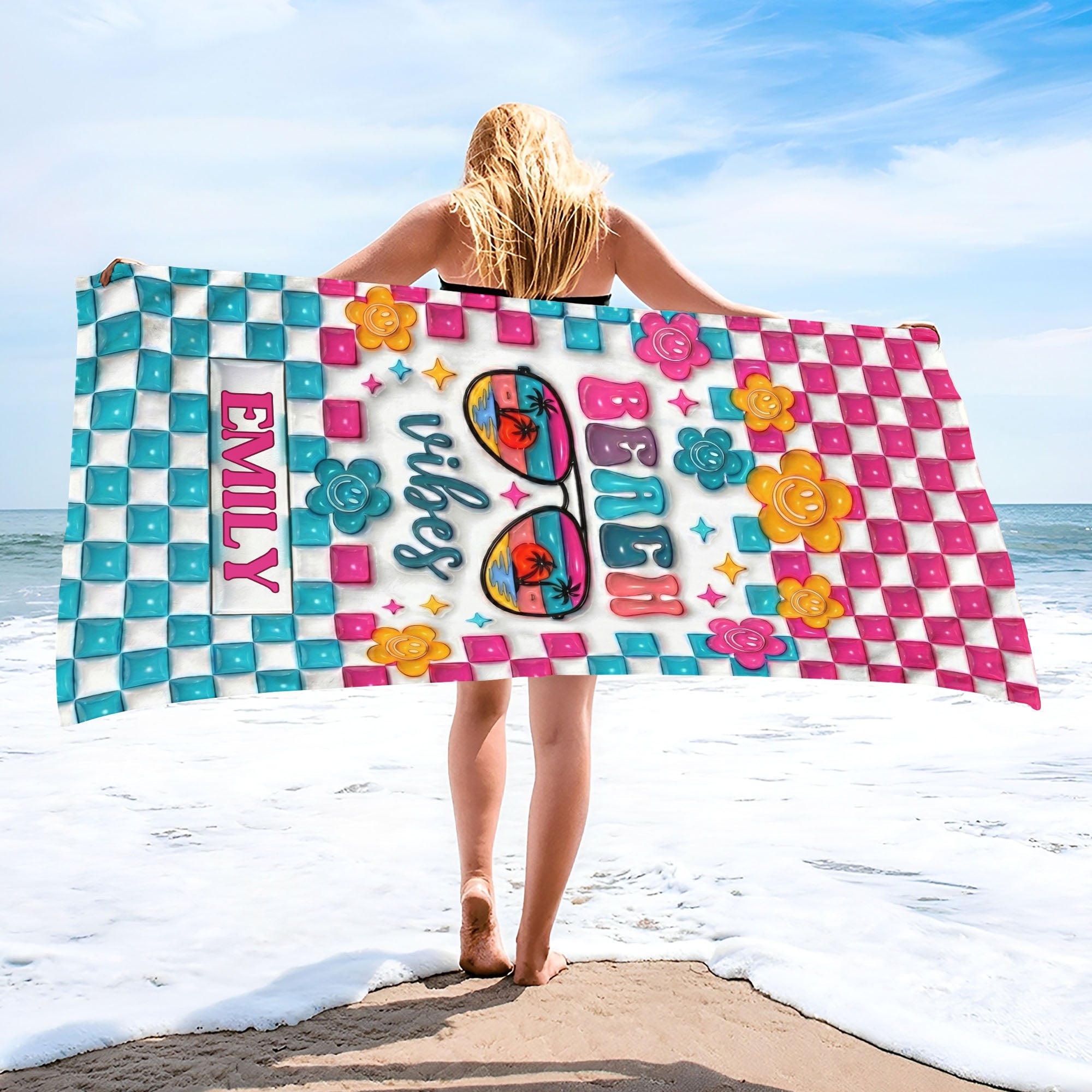 Personalized Beach Towel Custom Name Checkered Design Gift