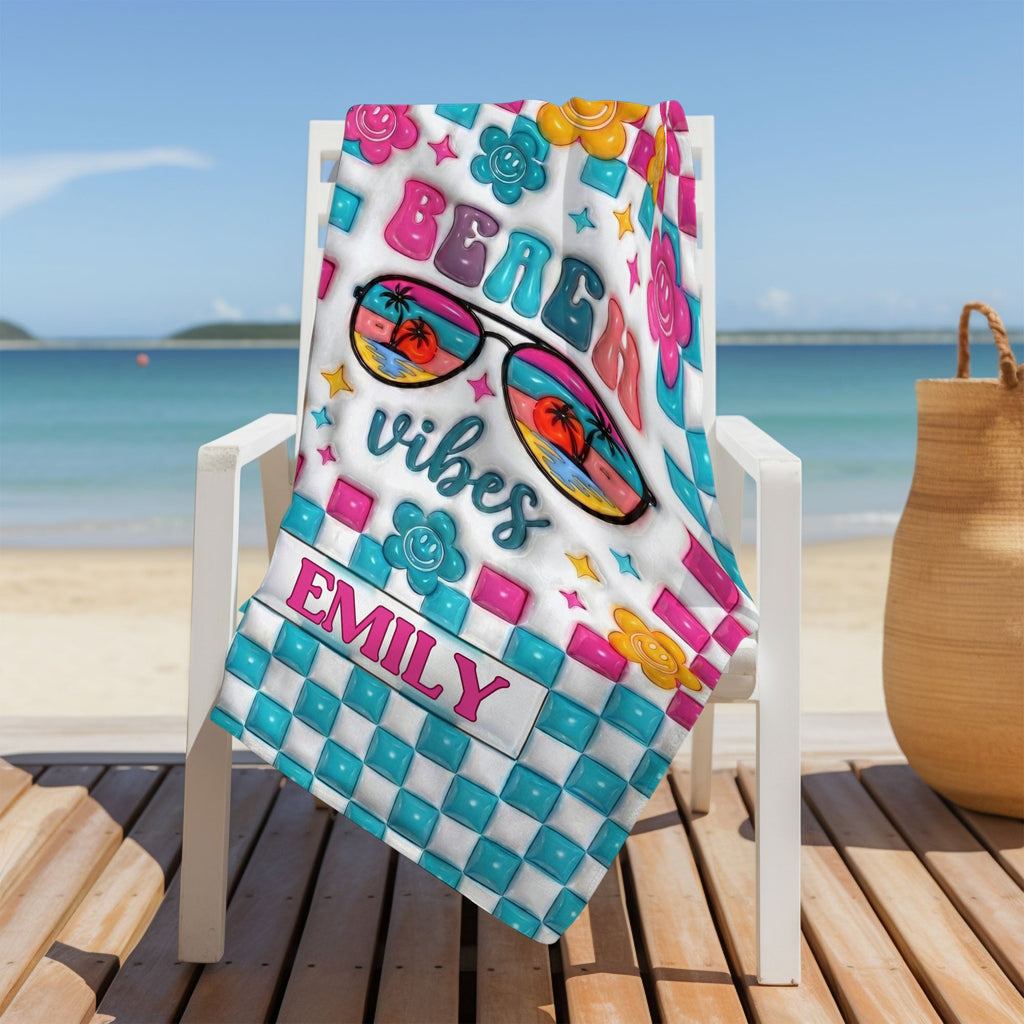 Personalized Beach Towel Custom Name Checkered Design Gift