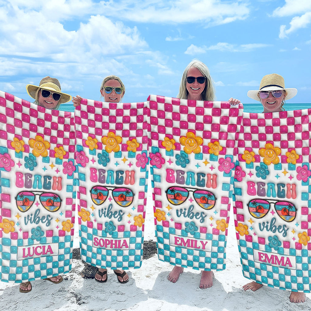 Personalized Beach Towel Custom Name Checkered Design Gift