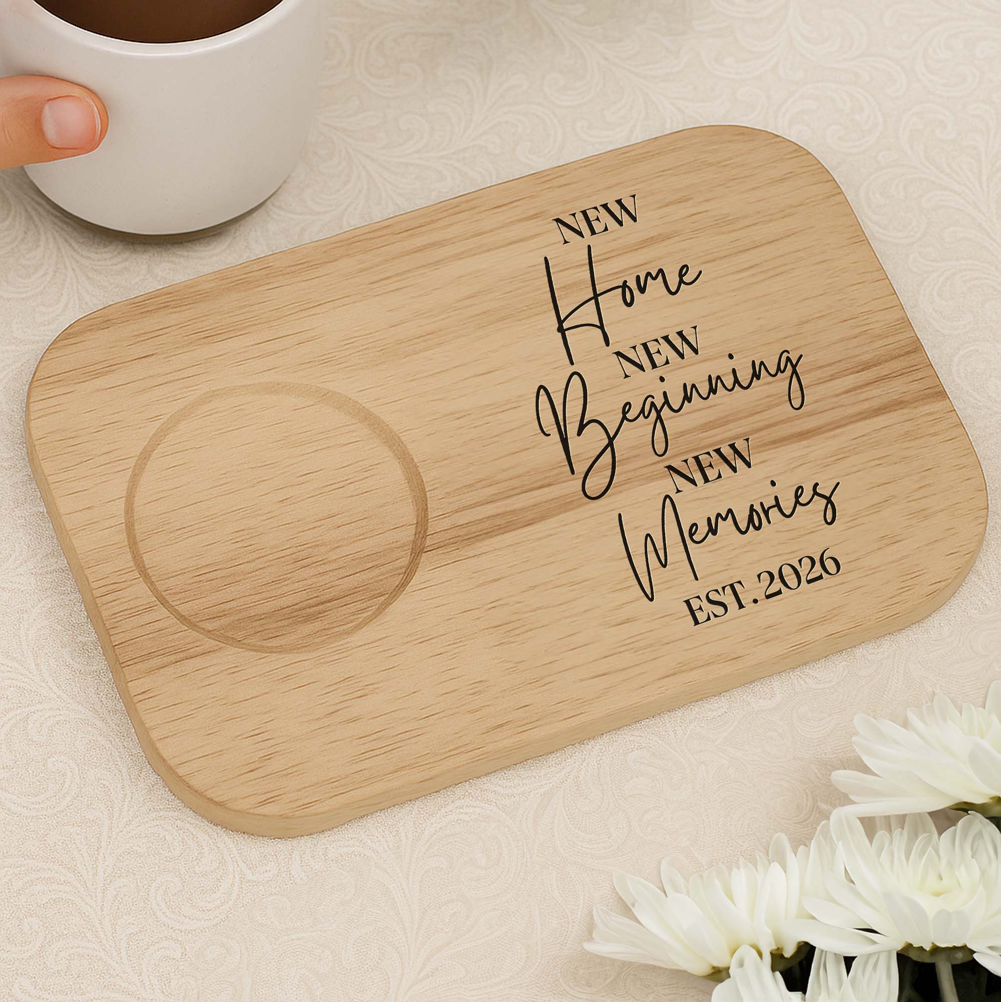 Personalized Wood Grain Serving Board with Cup Holder Gift for Couples