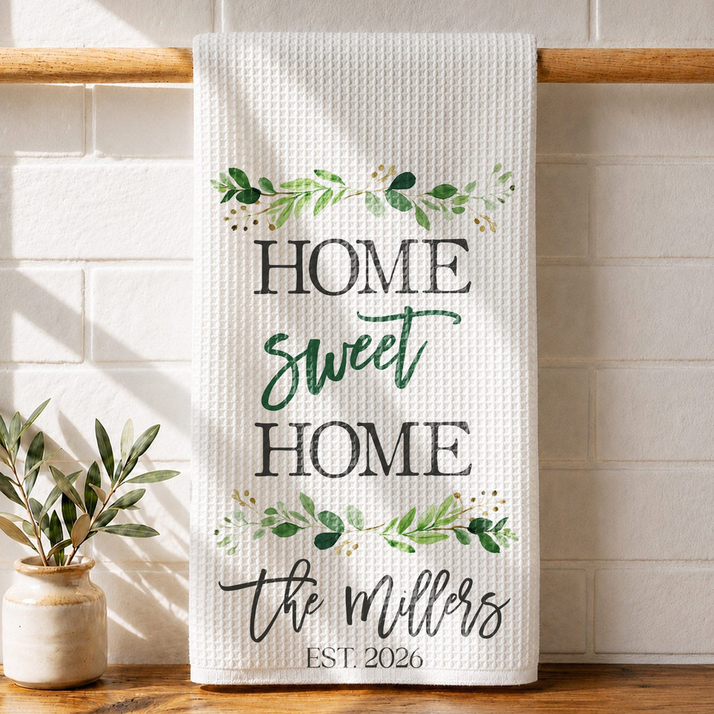 Personalized Kitchen Towel Custom Family Name Greenery Gift Kitchen Towel GradoCreations
