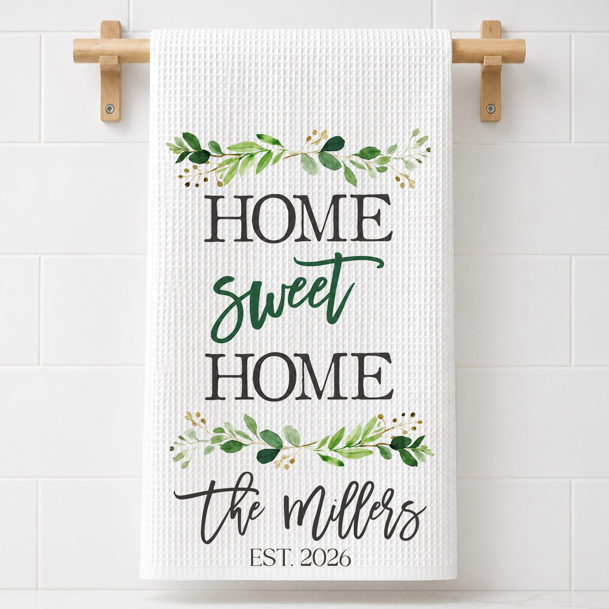 Personalized Kitchen Towel Custom Family Name Greenery Gift Kitchen Towel GradoCreations