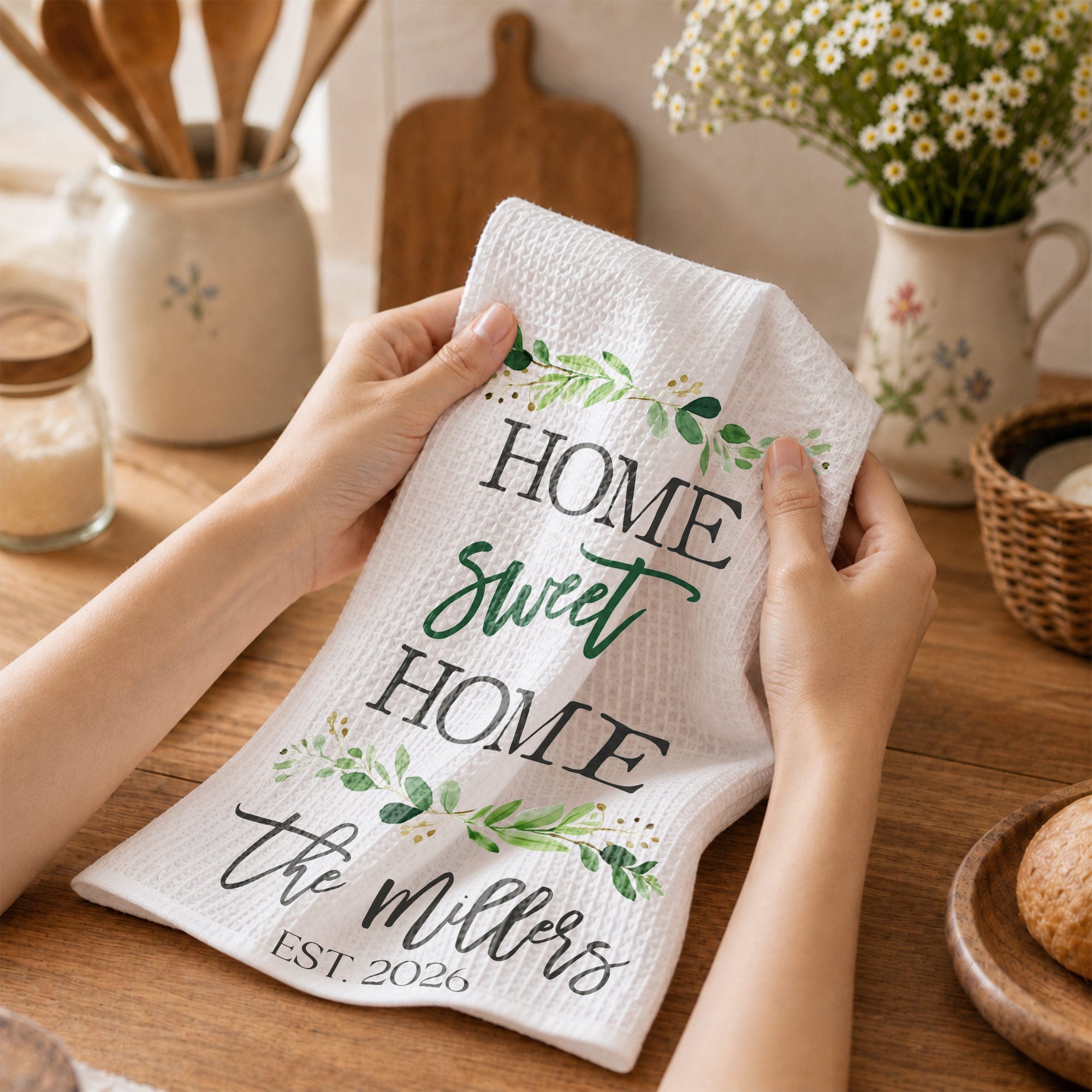 Personalized Kitchen Towel Custom Family Name Greenery Gift Kitchen Towel GradoCreations