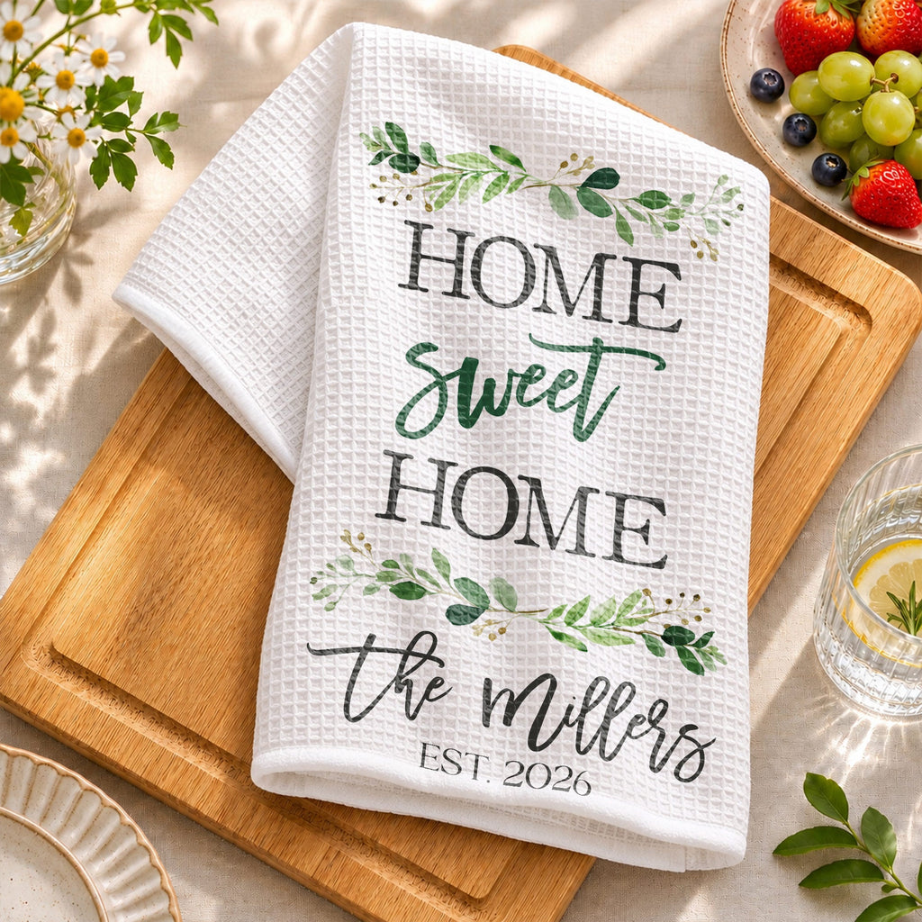 Personalized Kitchen Towel Custom Family Name Greenery Gift Kitchen Towel GradoCreations