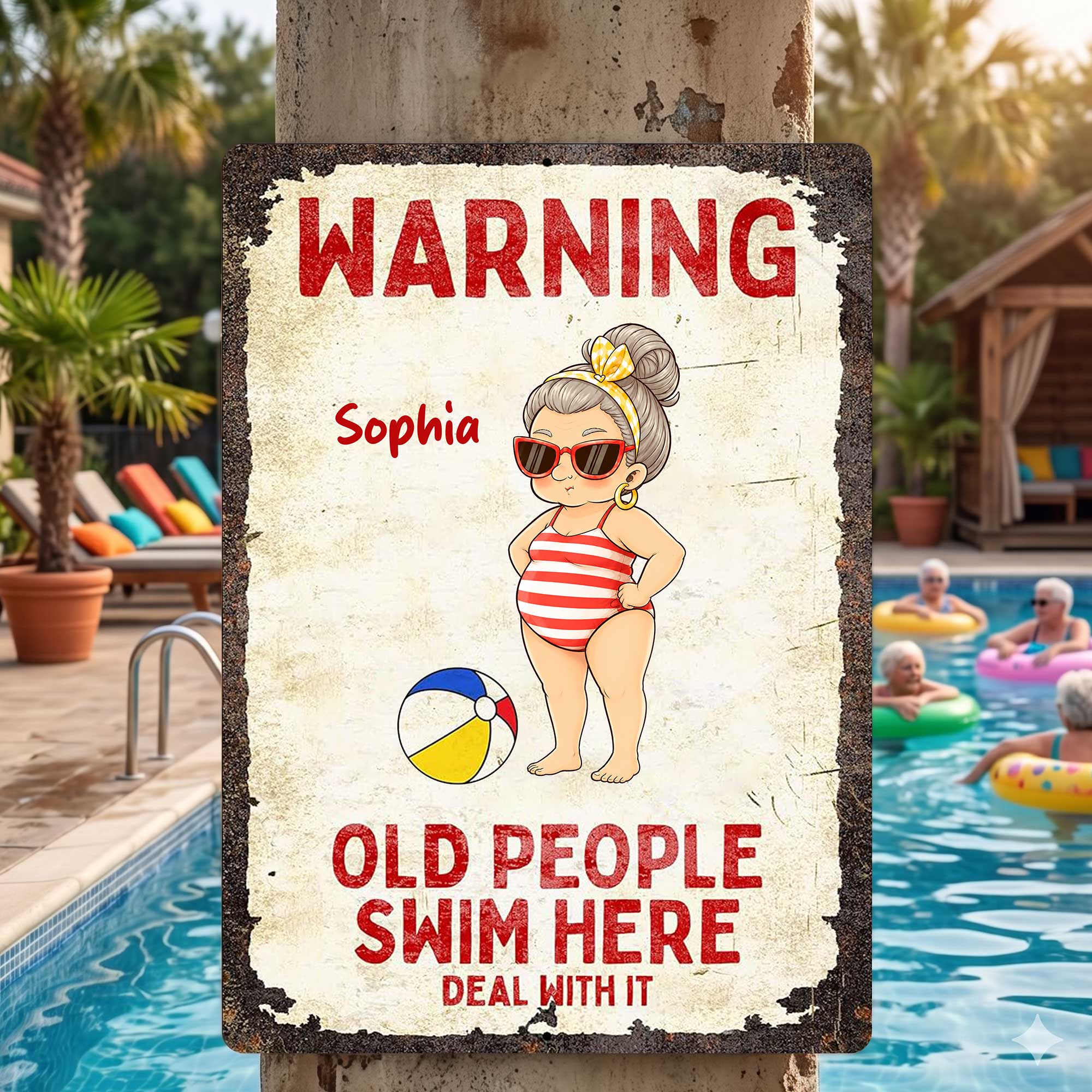 Personalized Metal Sign Warning Old People Swim Here Gift Metal Sign GradoCreations