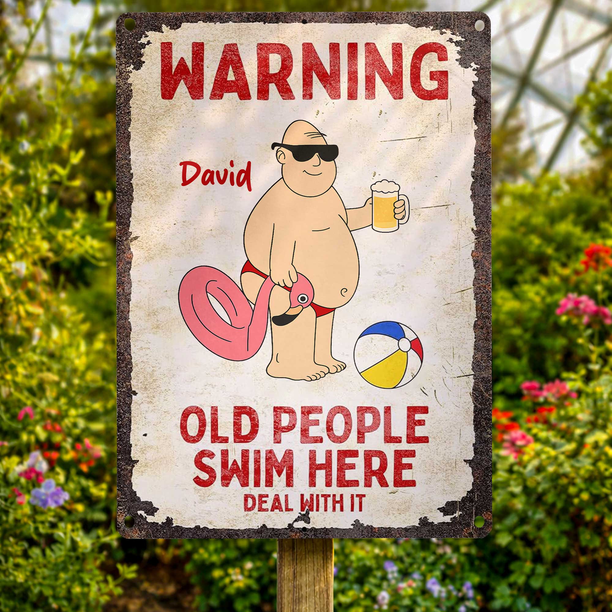 Personalized Metal Sign Warning Old People Swim Here Gift Metal Sign GradoCreations