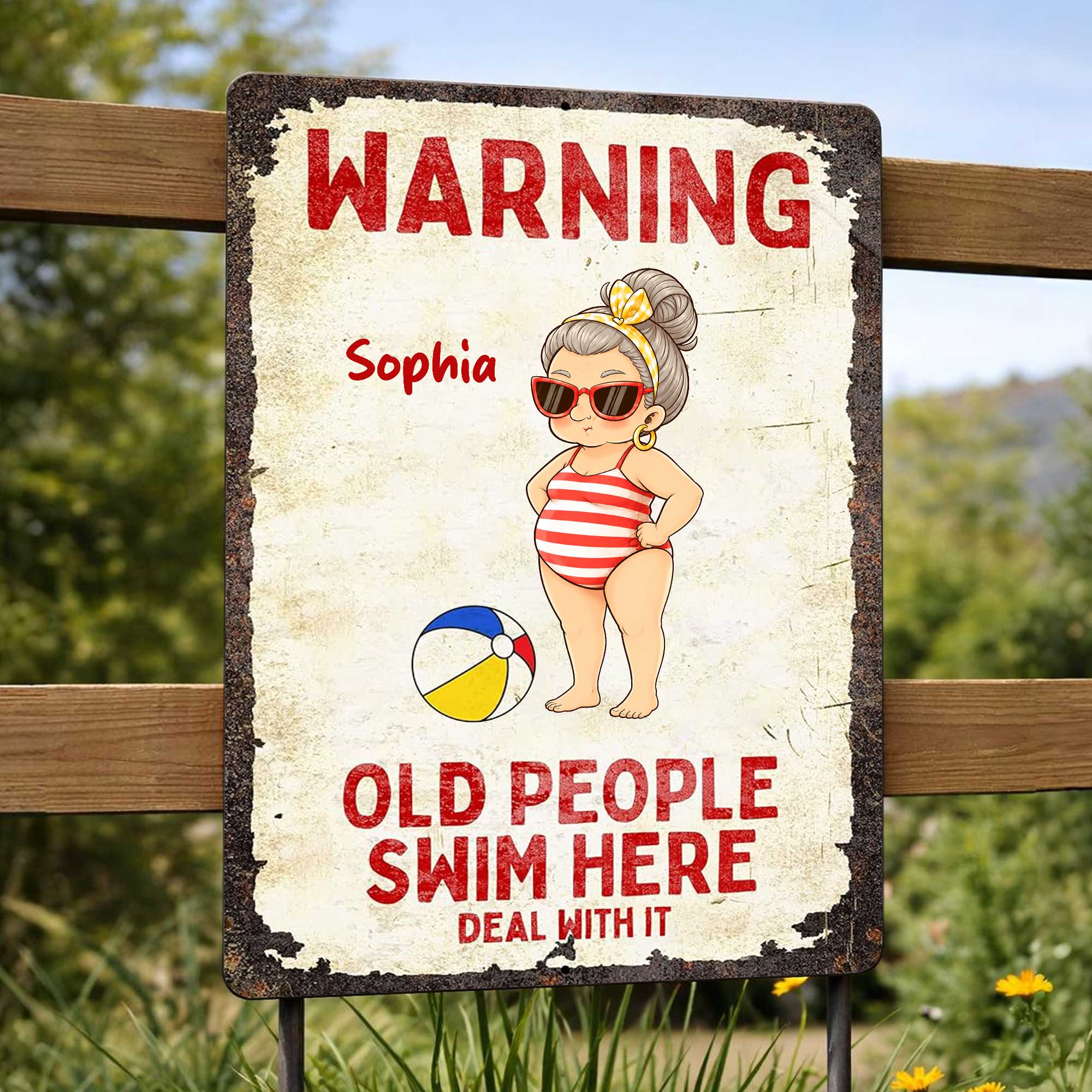 Personalized Metal Sign Warning Old People Swim Here Gift Metal Sign GradoCreations