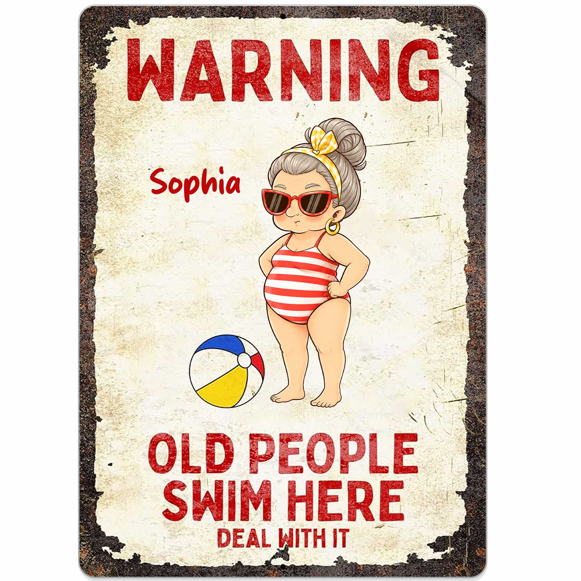 Personalized Metal Sign Warning Old People Swim Here Gift Metal Sign GradoCreations