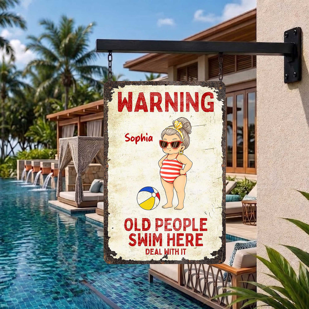 Personalized Metal Sign Warning Old People Swim Here Gift Metal Sign GradoCreations