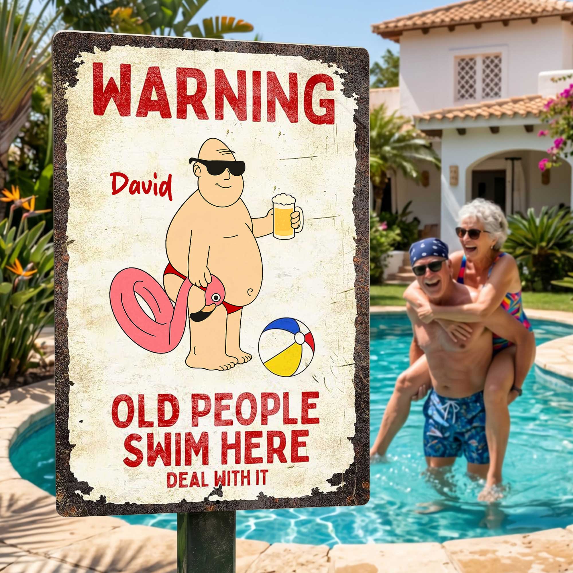 Personalized Metal Sign Warning Old People Swim Here Gift Metal Sign GradoCreations