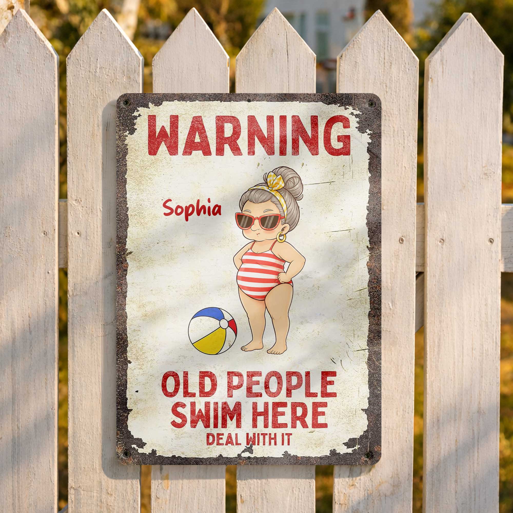 Personalized Metal Sign Warning Old People Swim Here Gift Metal Sign GradoCreations