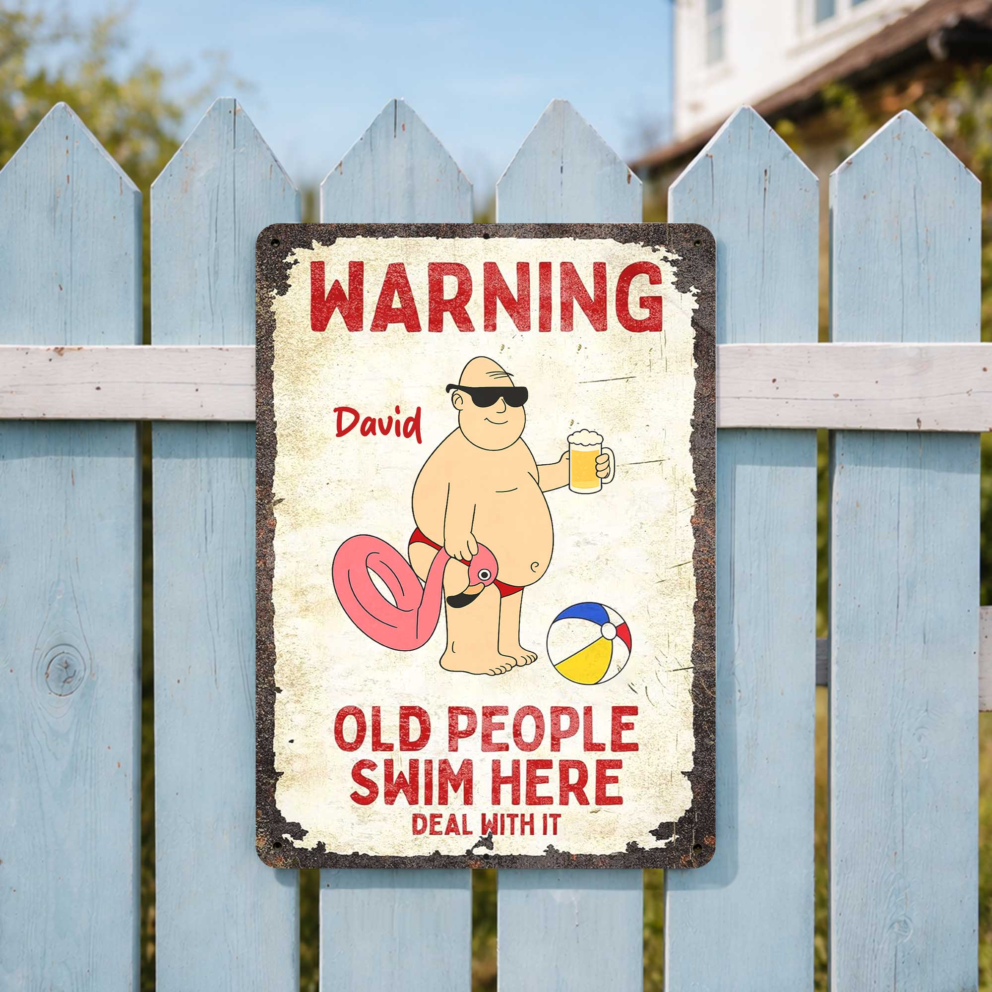 Personalized Metal Sign Warning Old People Swim Here Gift Metal Sign GradoCreations