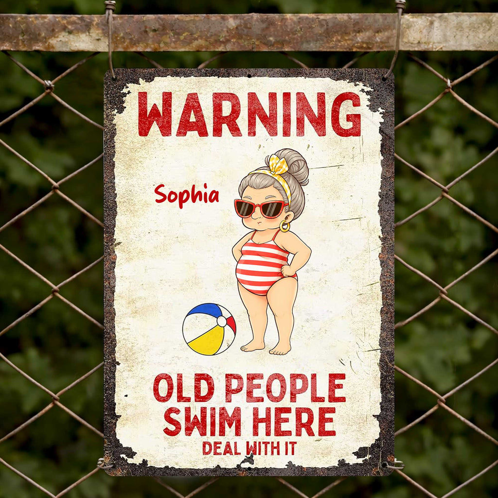Personalized Metal Sign Warning Old People Swim Here Gift Metal Sign GradoCreations
