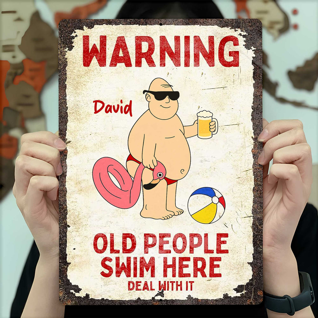 Personalized Metal Sign Warning Old People Swim Here Gift Metal Sign GradoCreations