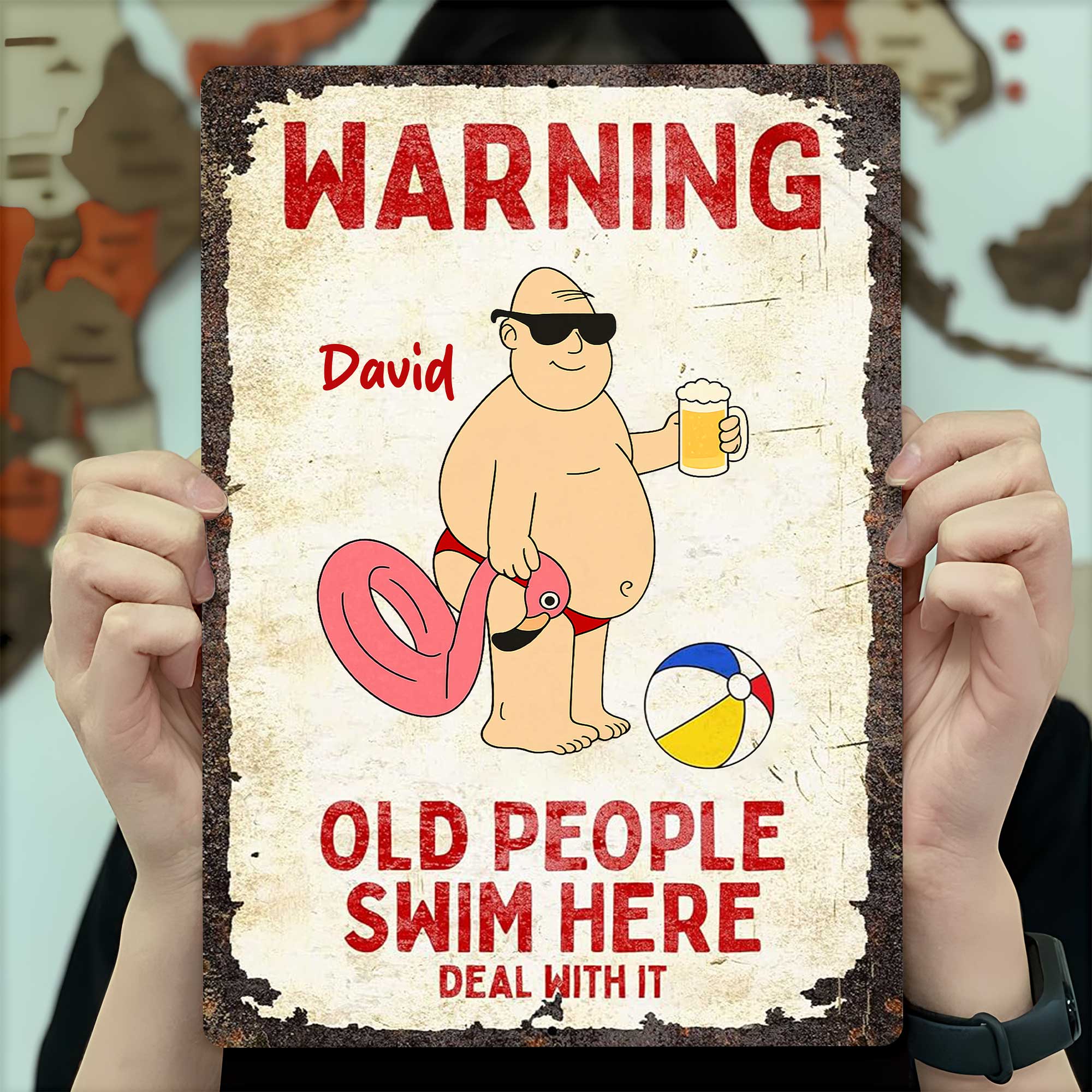 Personalized Metal Sign Warning Old People Swim Here Gift Metal Sign GradoCreations
