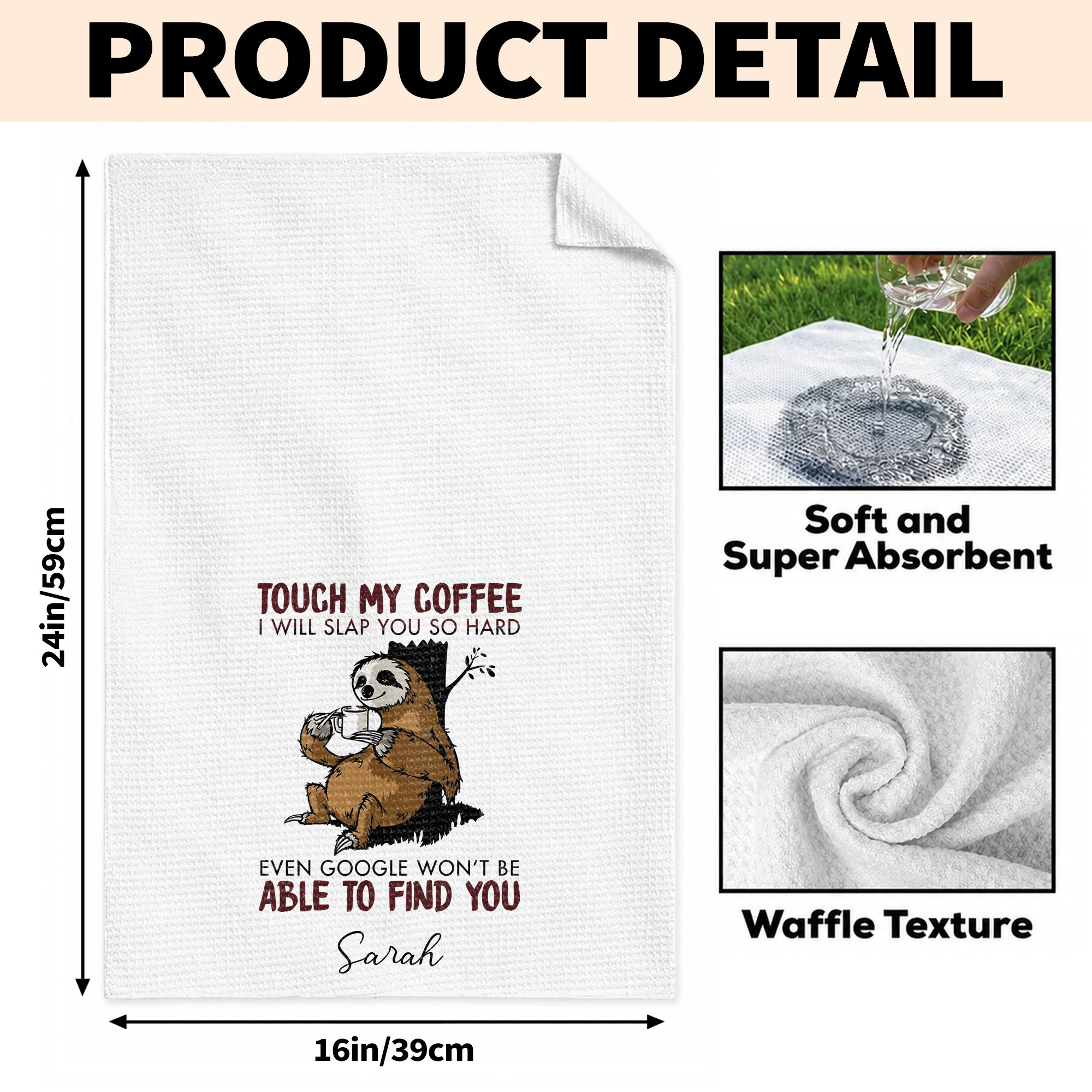 Personalized Funny Sloth Kitchen Towel Custom Gift for Coffee Lovers